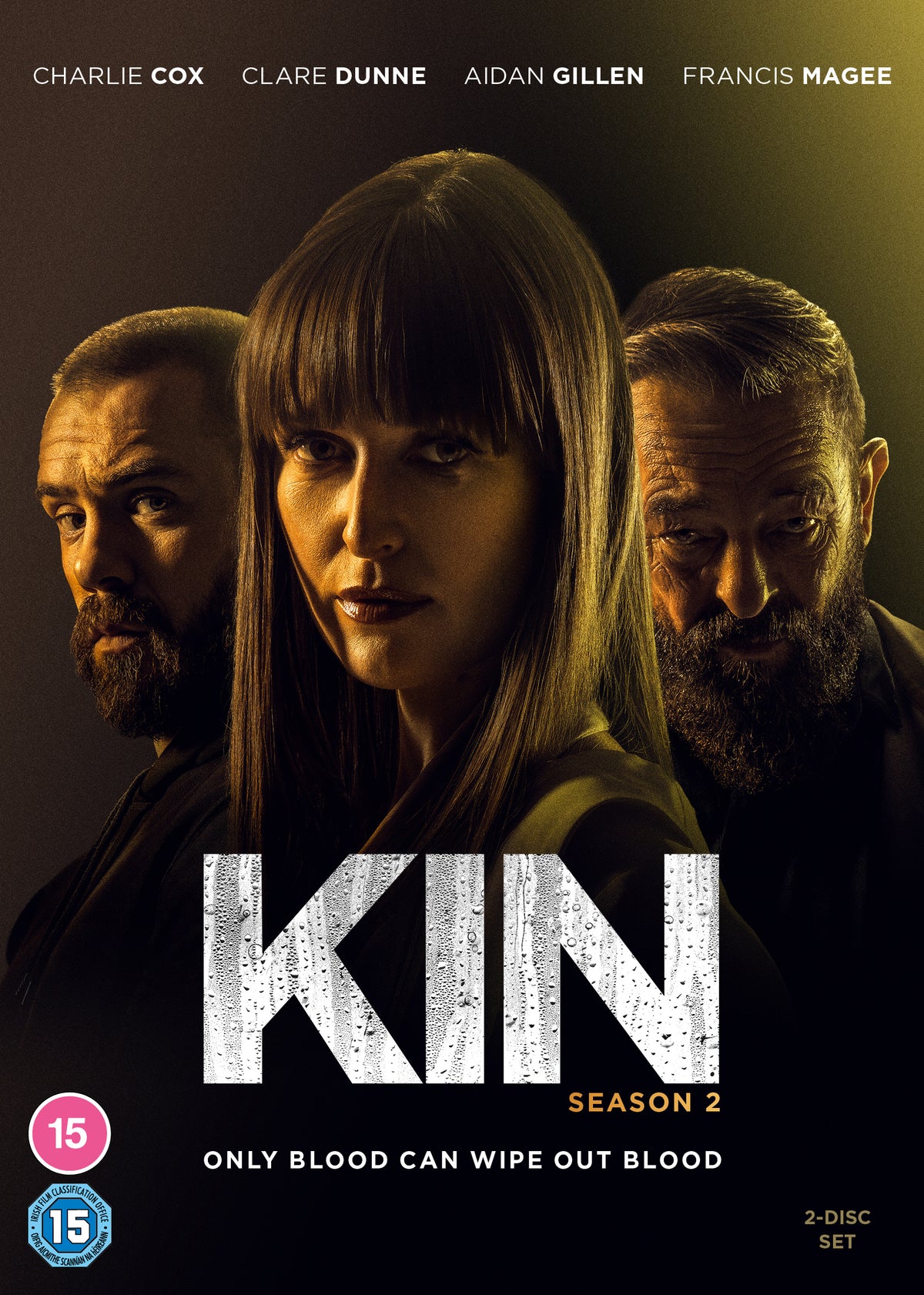 DVD cover for "Kin" Season 2 featuring three intense, serious actors.