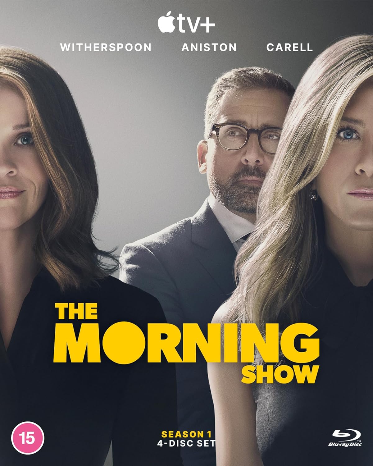 Blu-ray cover for "The Morning Show" featuring Reese Witherspoon, Steve Carell, and Jennifer Aniston.