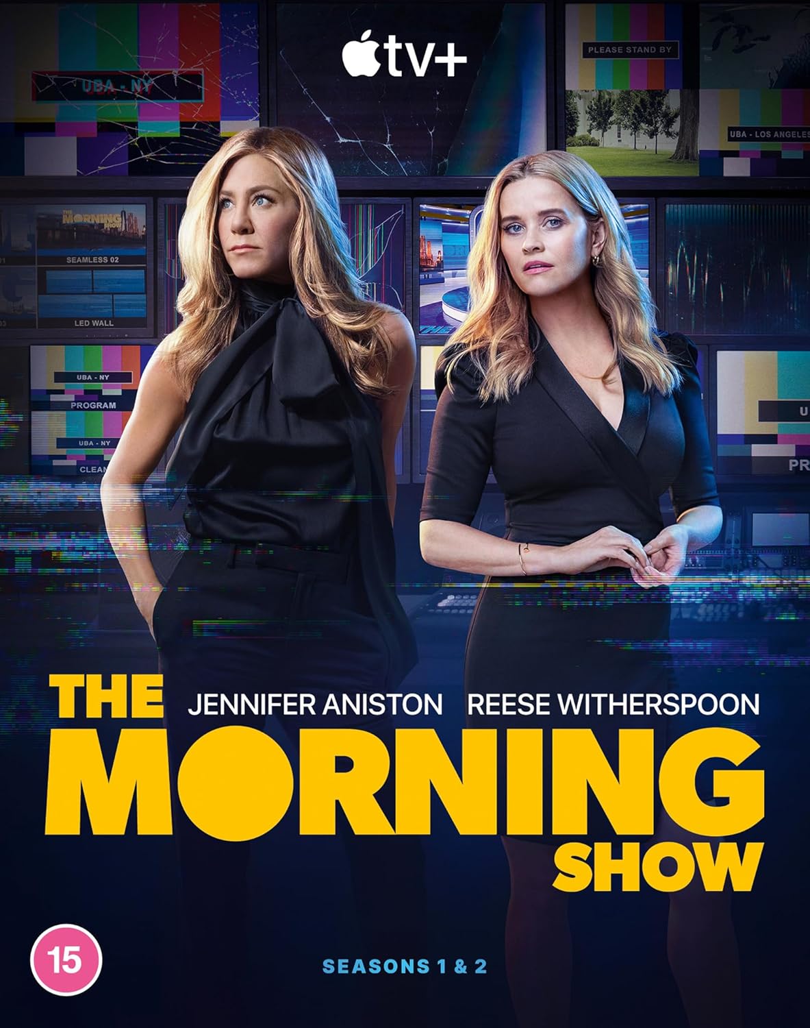 Blu-ray boxset cover for "The Morning Show" seasons 1 & 2, featuring Jennifer Aniston and Reese Witherspoon.