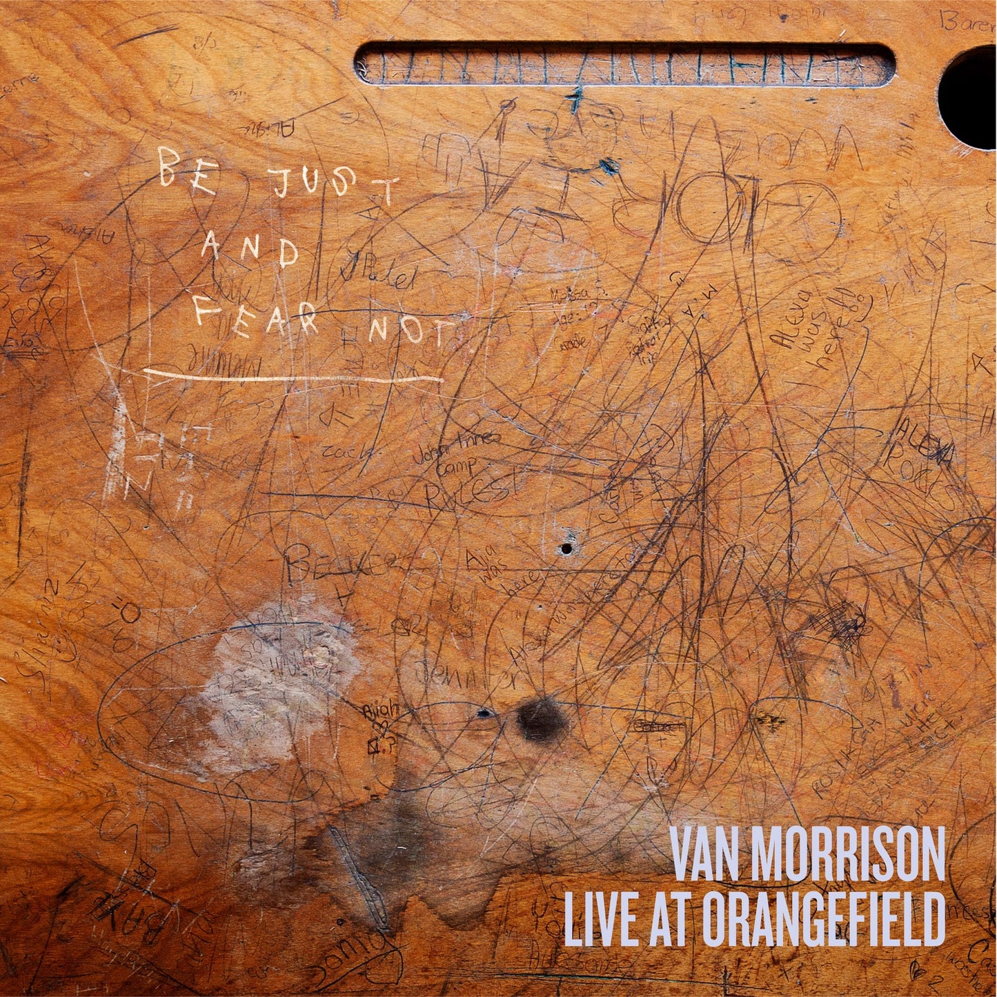CD cover for Van Morrison’s “Live at Orangefield” with scratched wood texture.