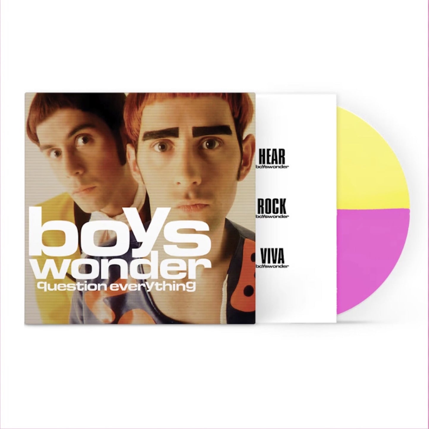 Vinyl album cover for Boys Wonder’s “Question Everything” with band photo.