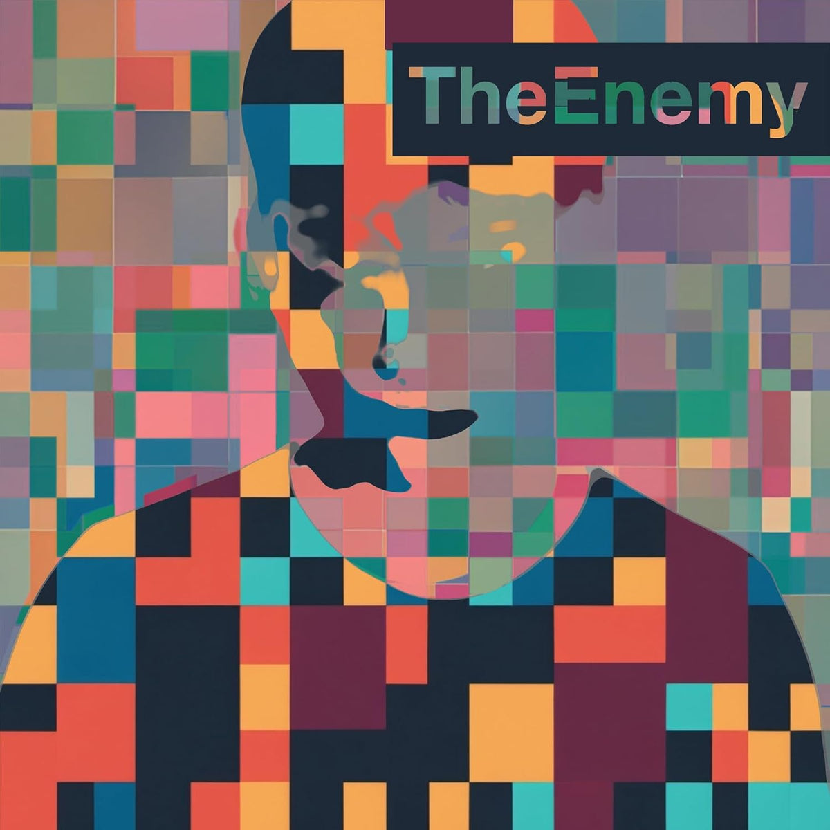 Pixelated portrait of a man in a cap smoking, album cover art.