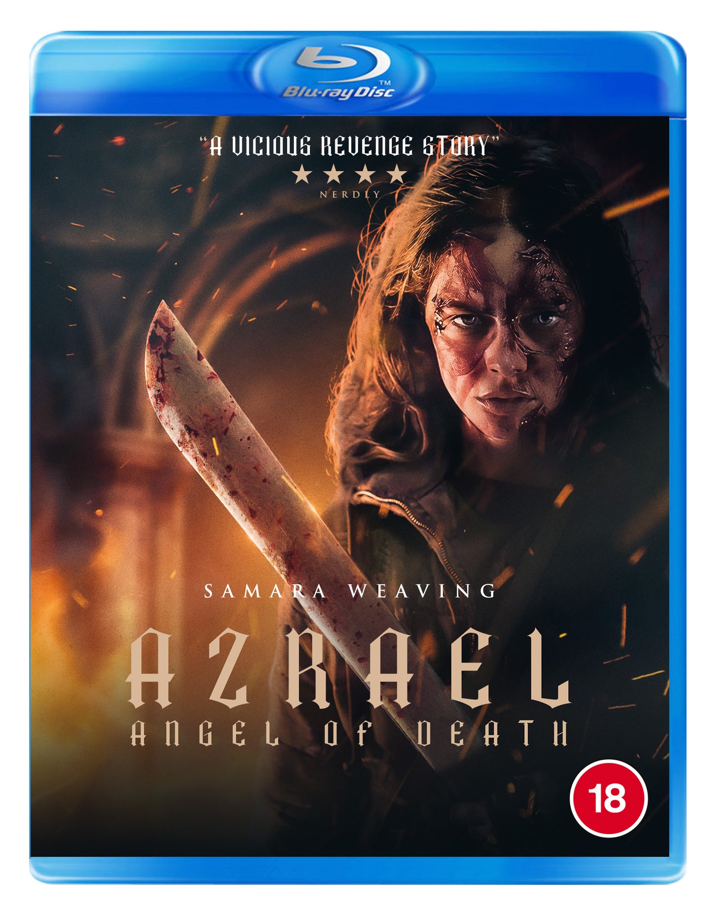 Blu-ray cover featuring a woman with a bloody face holding a large blade.