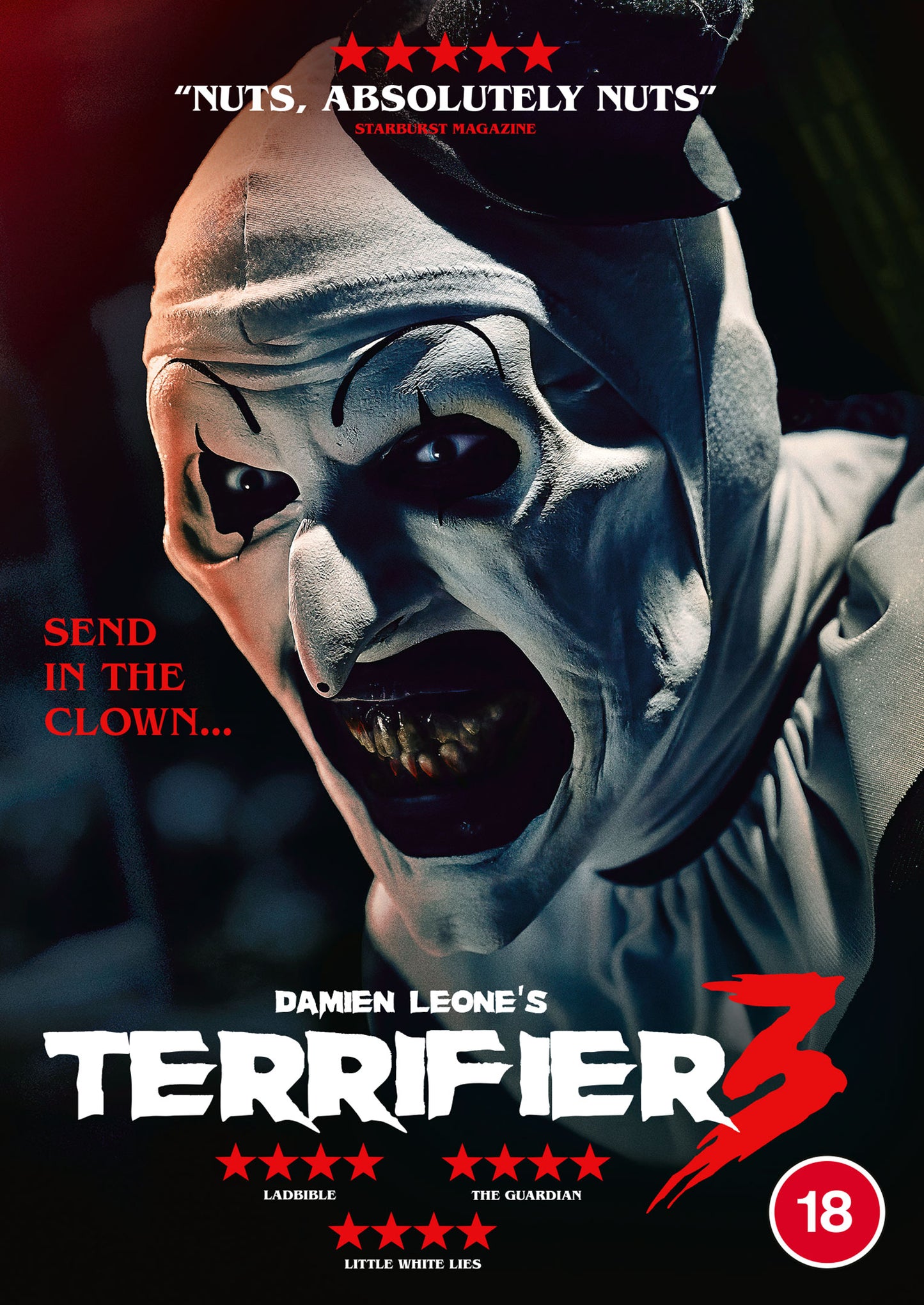 Horror movie poster featuring Art the Clown with an open, screaming mouth.