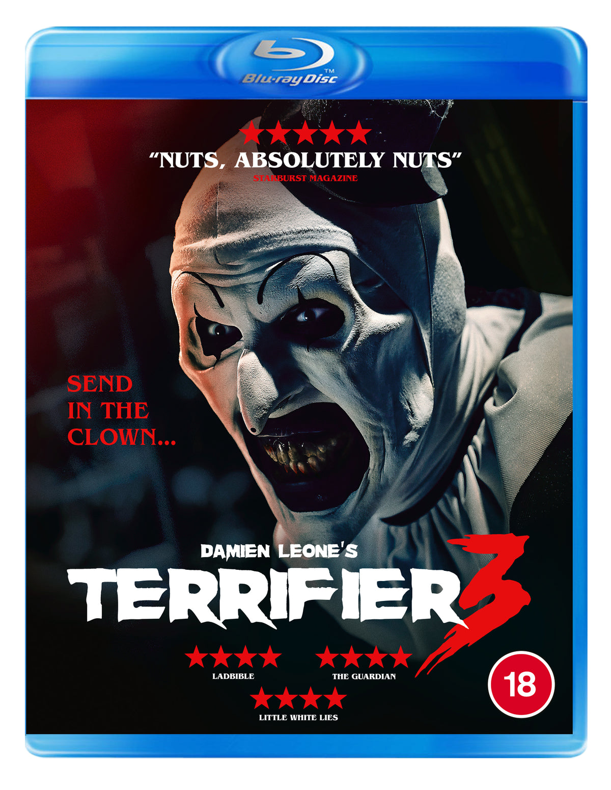 Terrifier 3" Blu-ray cover featuring Art the Clown with a sinister expression.
