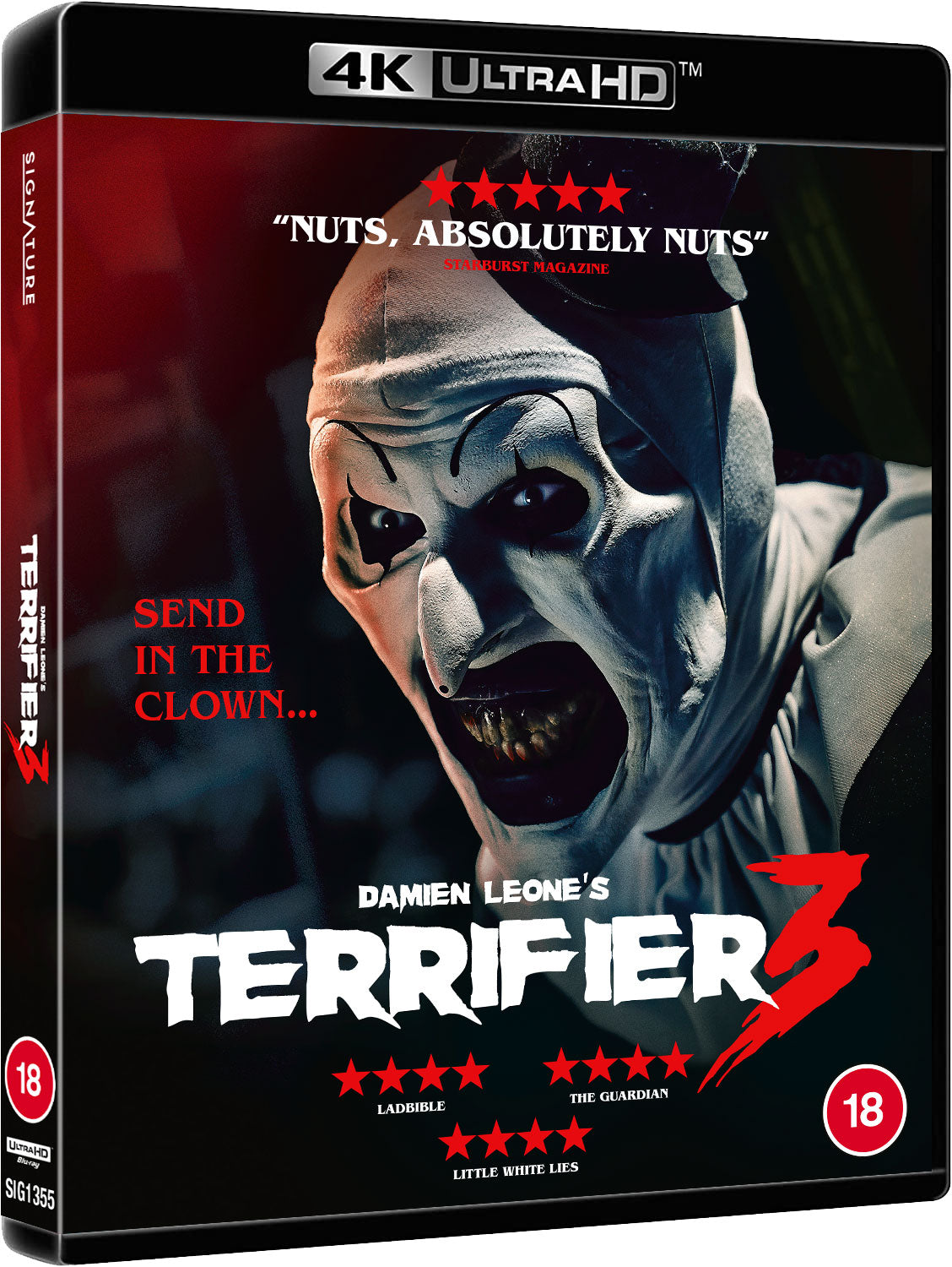 “Terrifier 3” UHD Blu-ray cover featuring Art the Clown with a sinister grin.