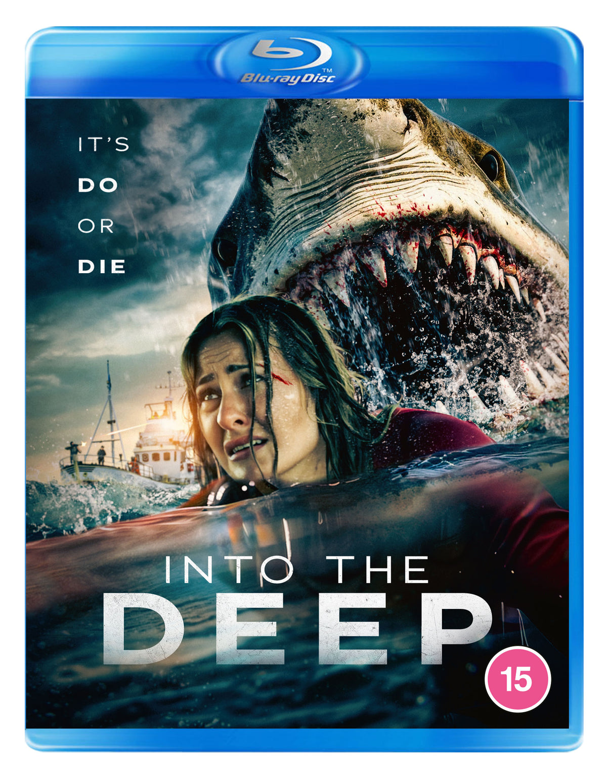 Blu-ray cover for "Into The Deep" featuring a shark and woman.