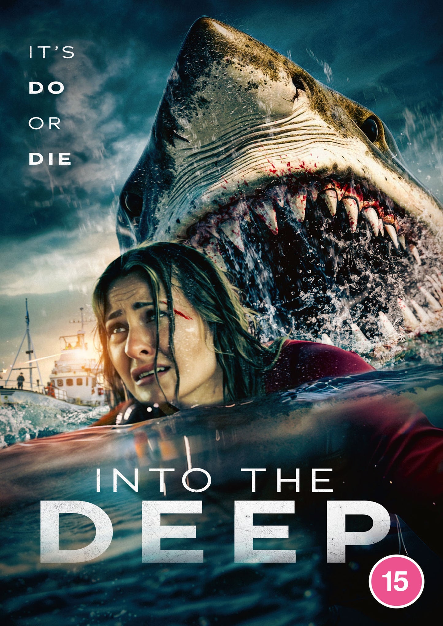 Movie poster for "Into The Deep" featuring a shark and a woman in water.