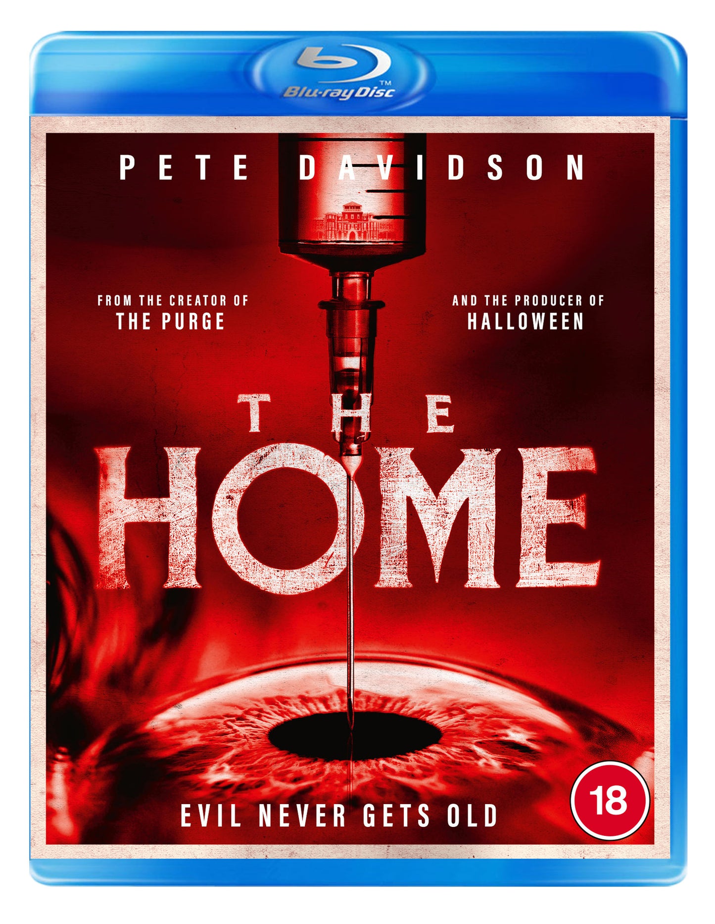 The Home" Blu-ray cover with a syringe and an eye, red background.