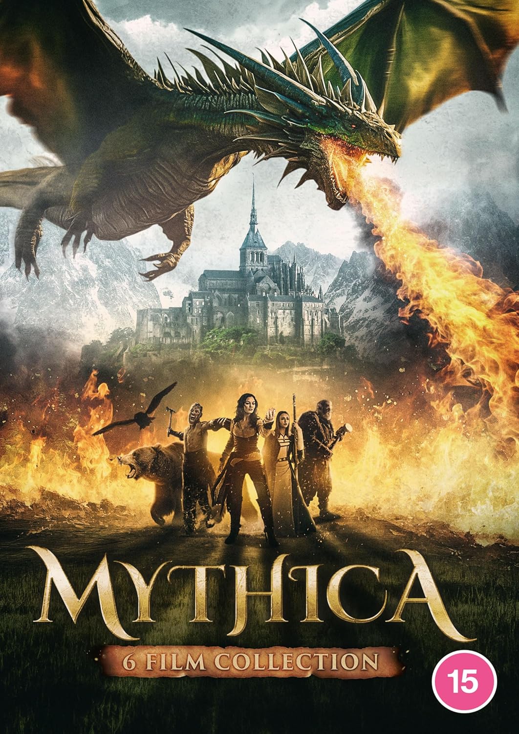 DVD cover for "Mythica" films featuring a dragon and castle scene.