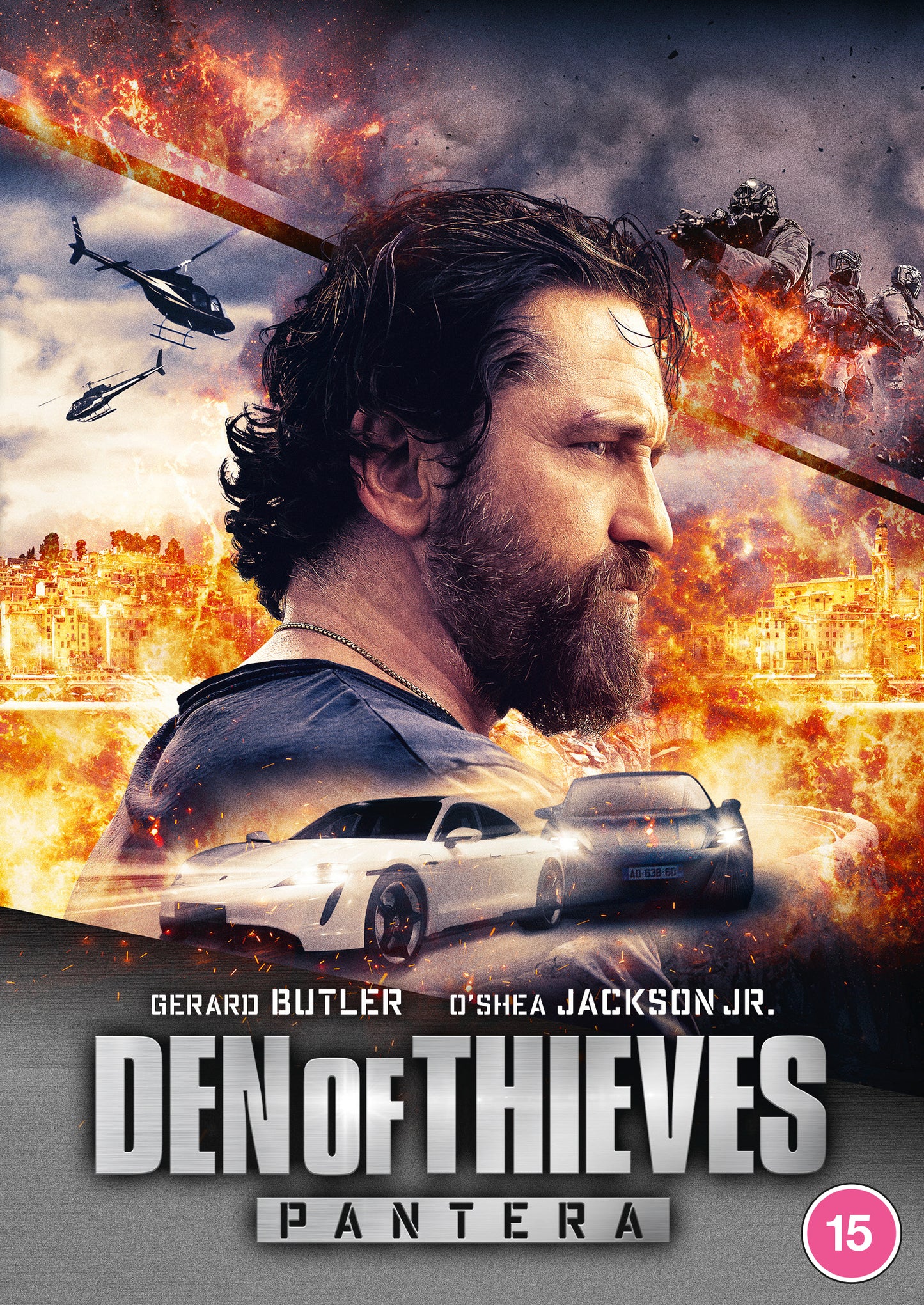 “Den of Thieves: Pantera” DVD cover with Gerard Butler and action scene.