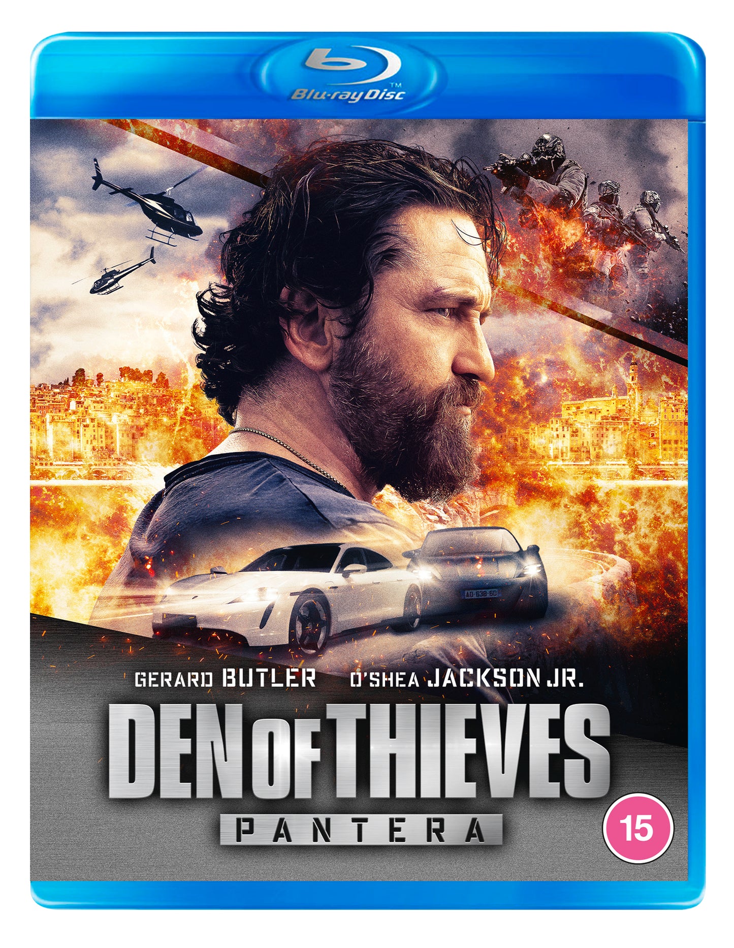 Den of Thieves" Blu-ray cover featuring Gerard Butler and an action scene.