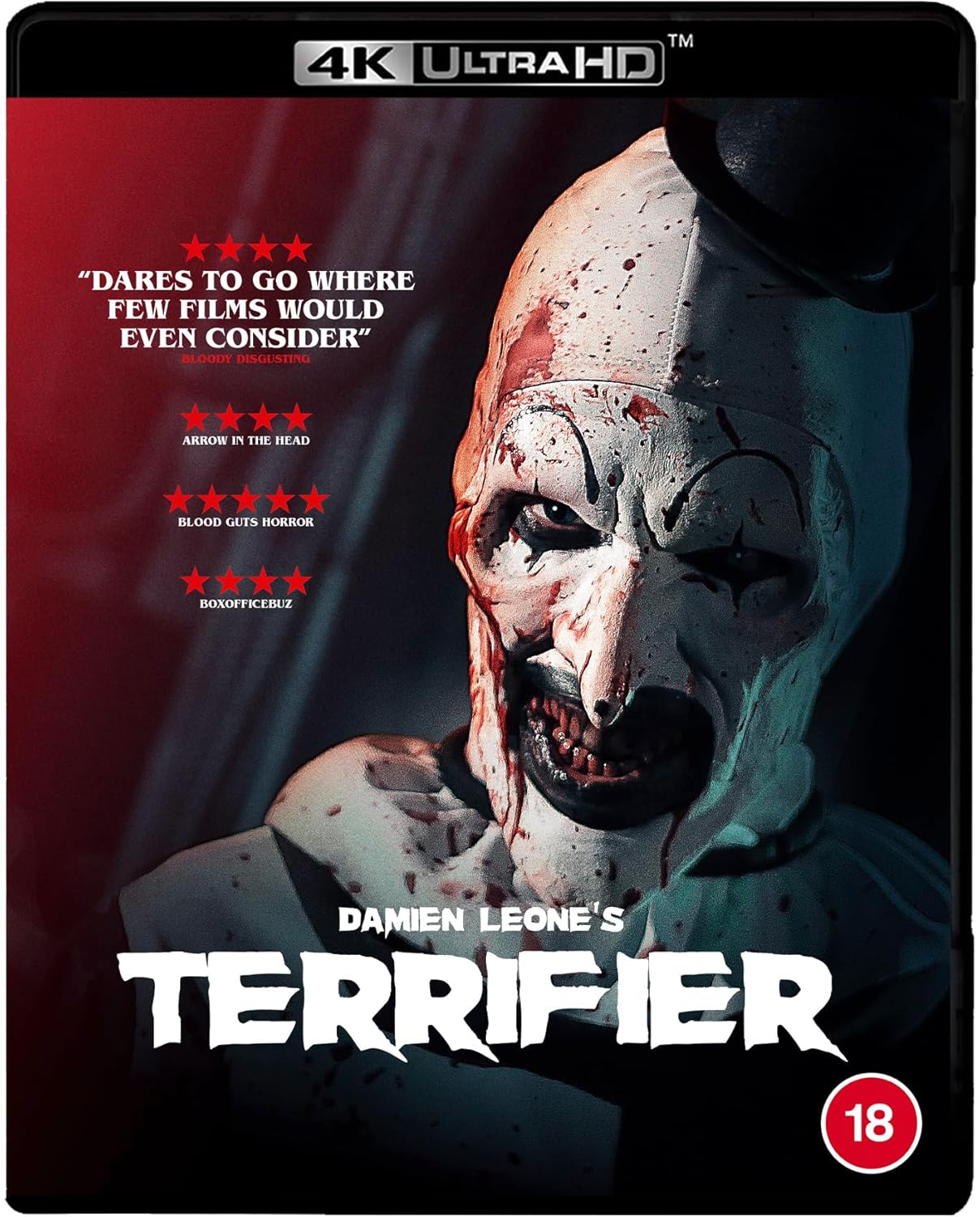 Blu-ray cover for horror film "Terrifier" featuring a gruesome clown face.