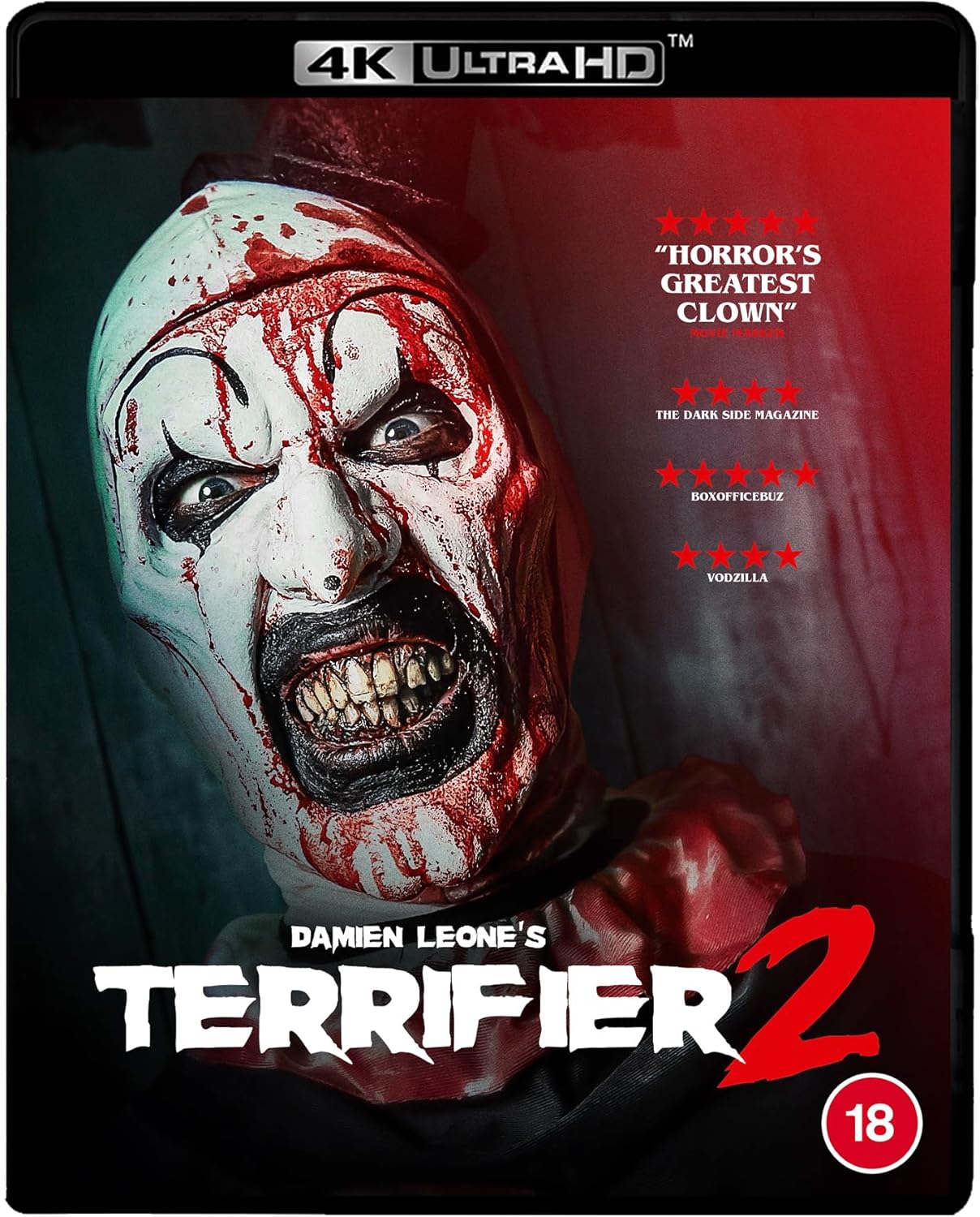 Blu-ray cover for "Terrifier 2" featuring a menacing clown with blood.