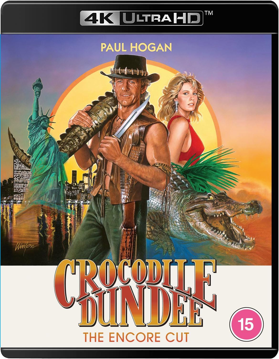 Crocodile Dundee" Blu-ray cover featuring Paul Hogan, a crocodile, and the Statue of Liberty.