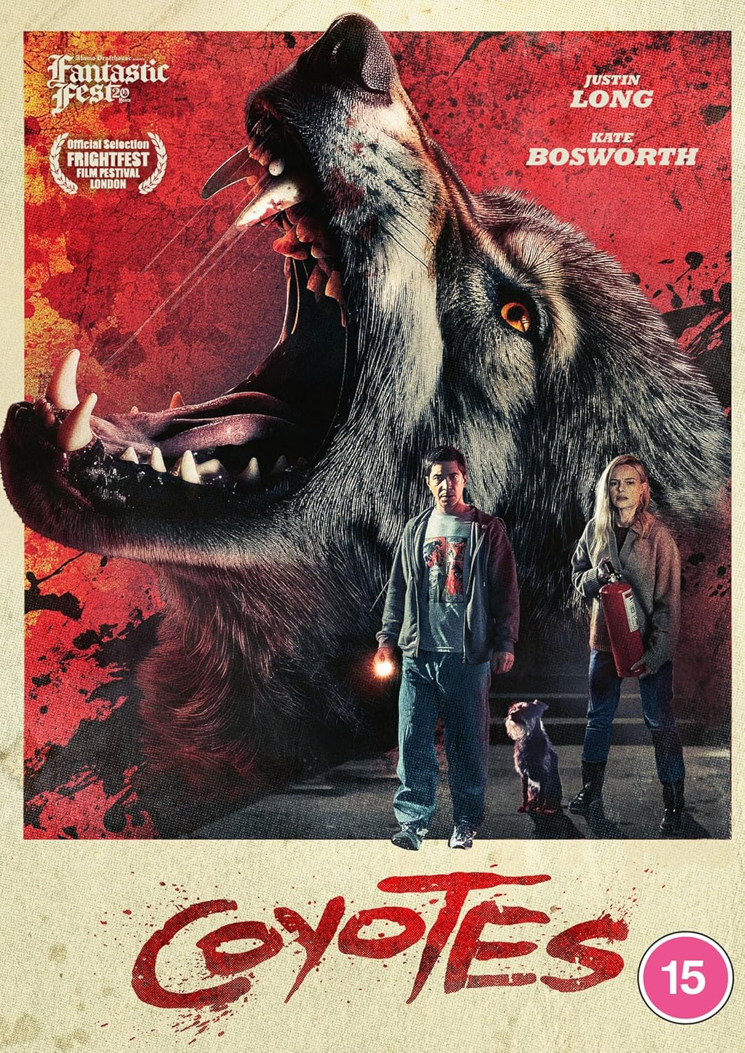 Coyotes" DVD cover featuring a large coyote and three people looking upwards.