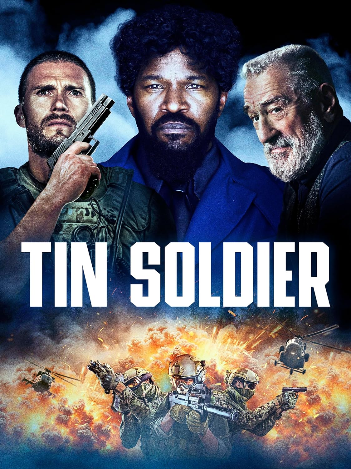 Movie poster for "Tin Soldier" featuring three men and an explosion.
