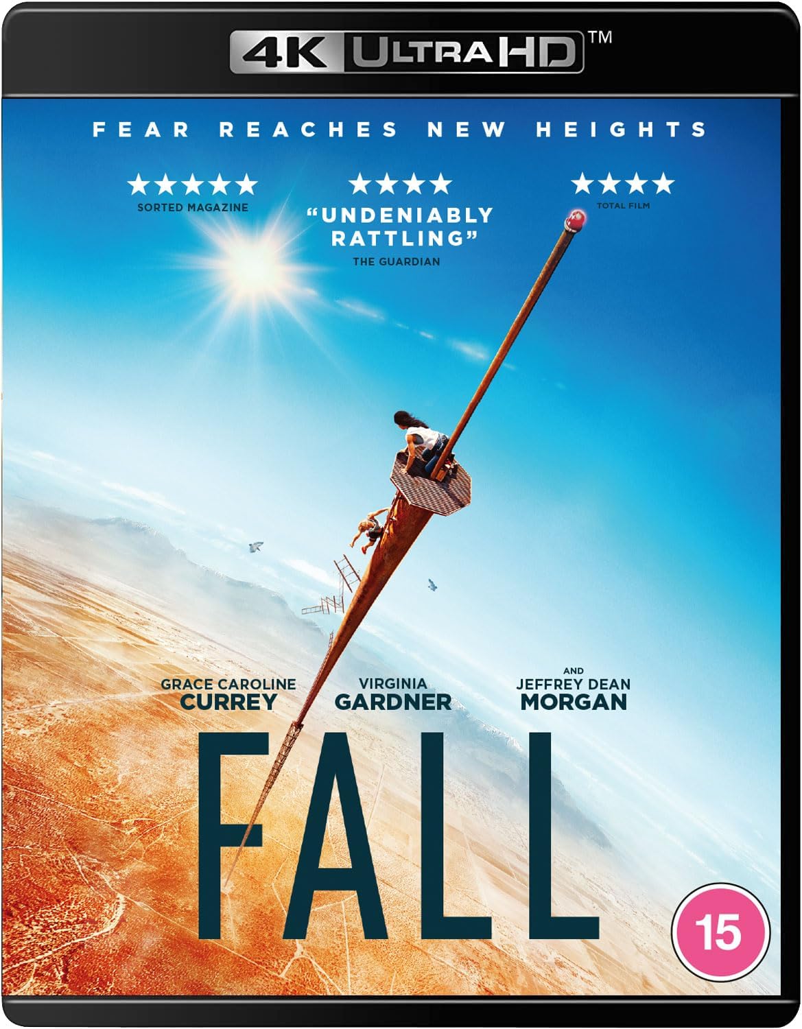 Blu-ray cover for "Fall" showing two women on a tall, rusted tower.