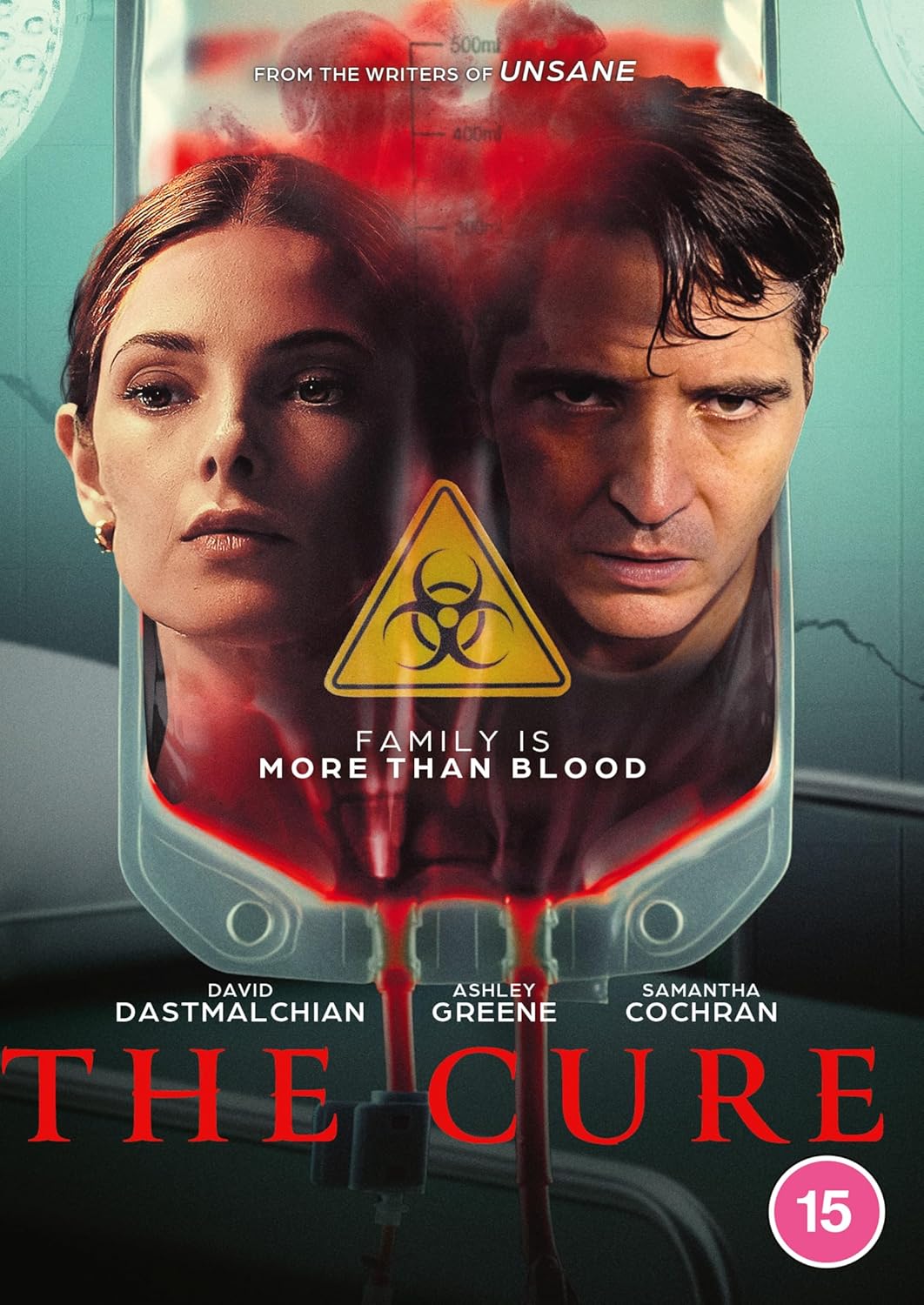 DVD cover for The Cure featuring two people inside a red blood bag.