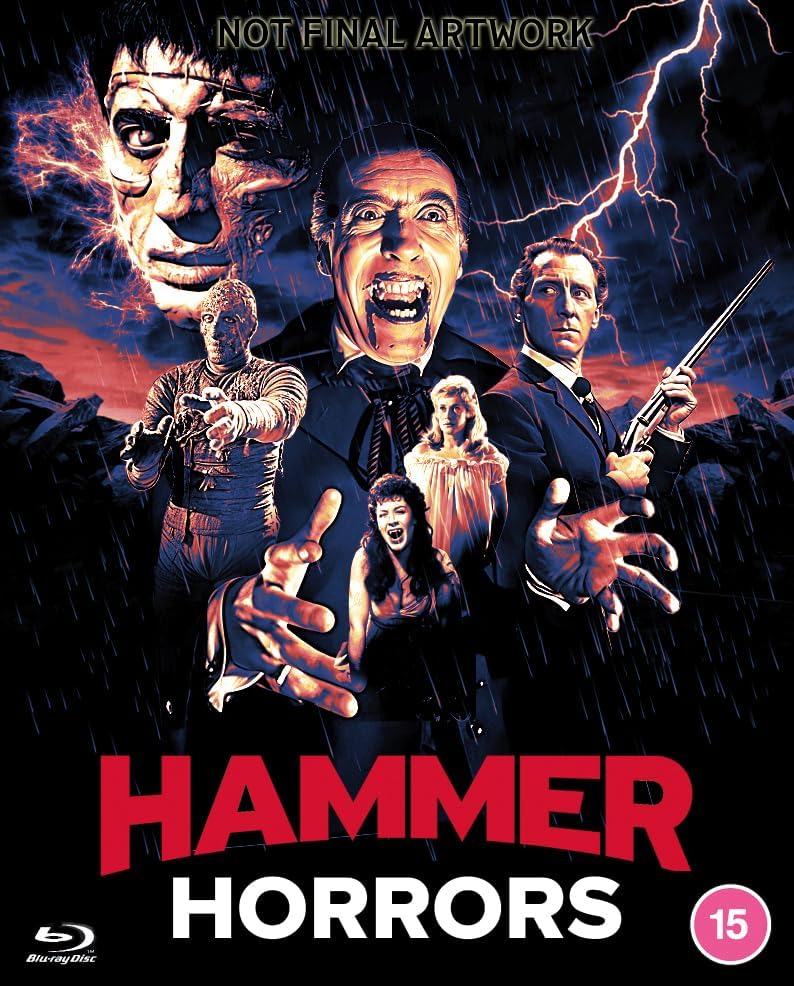 Hammer Horrors" Blu-ray cover featuring classic horror movie characters and stormy background.