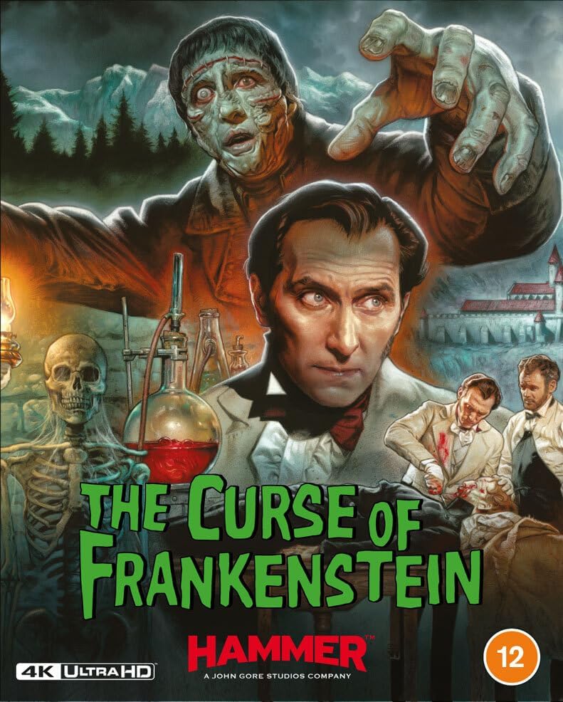 The Curse of Frankenstein" Blu-ray cover featuring Peter Cushing as Dr. Frankenstein.