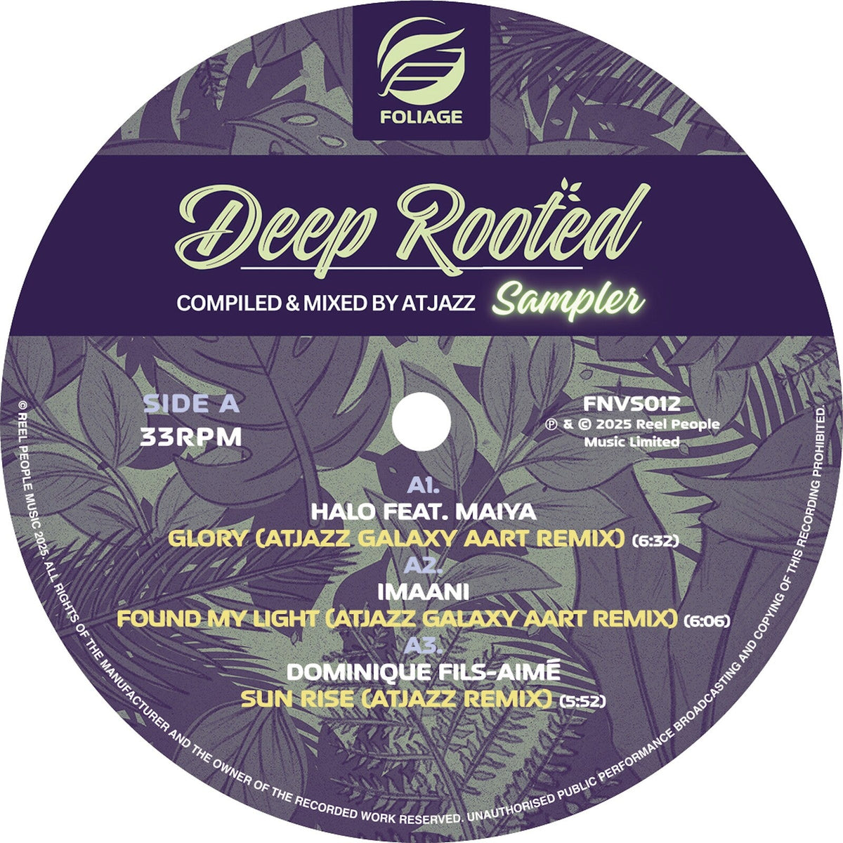 Purple vinyl record label with “Deep Rooted” text and tracklist details.
