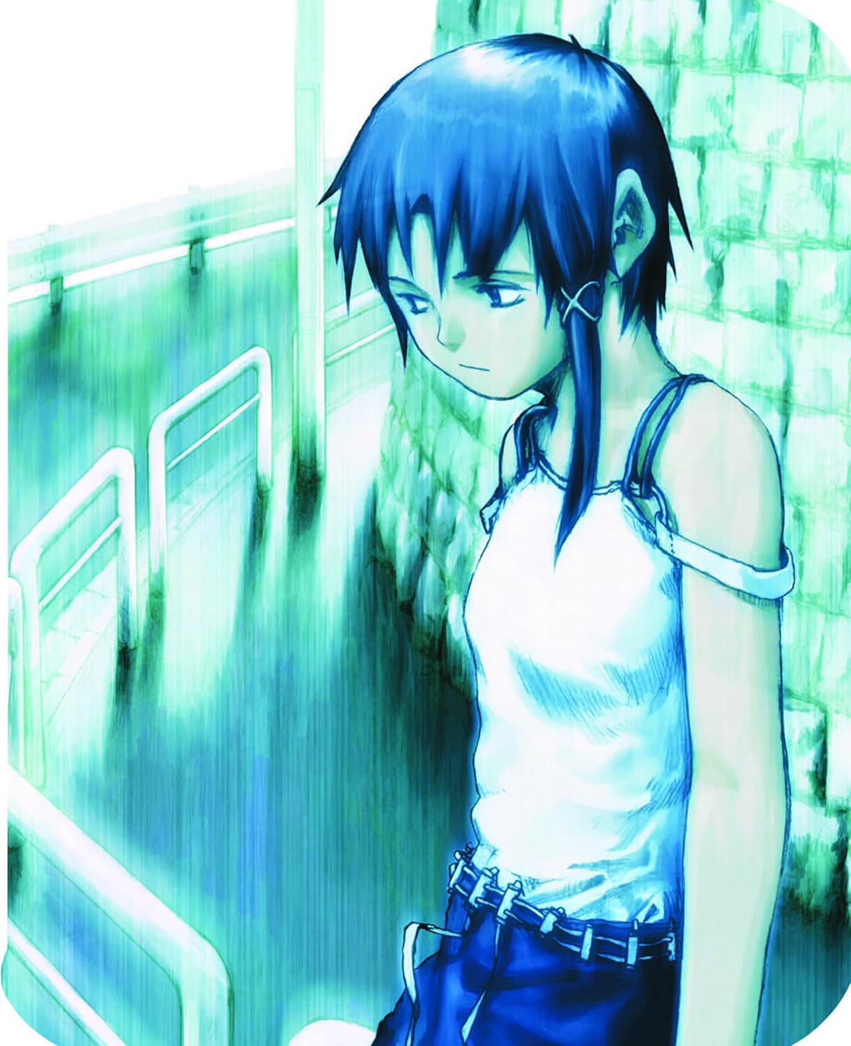 Blue-toned anime illustration of a young woman with short hair.