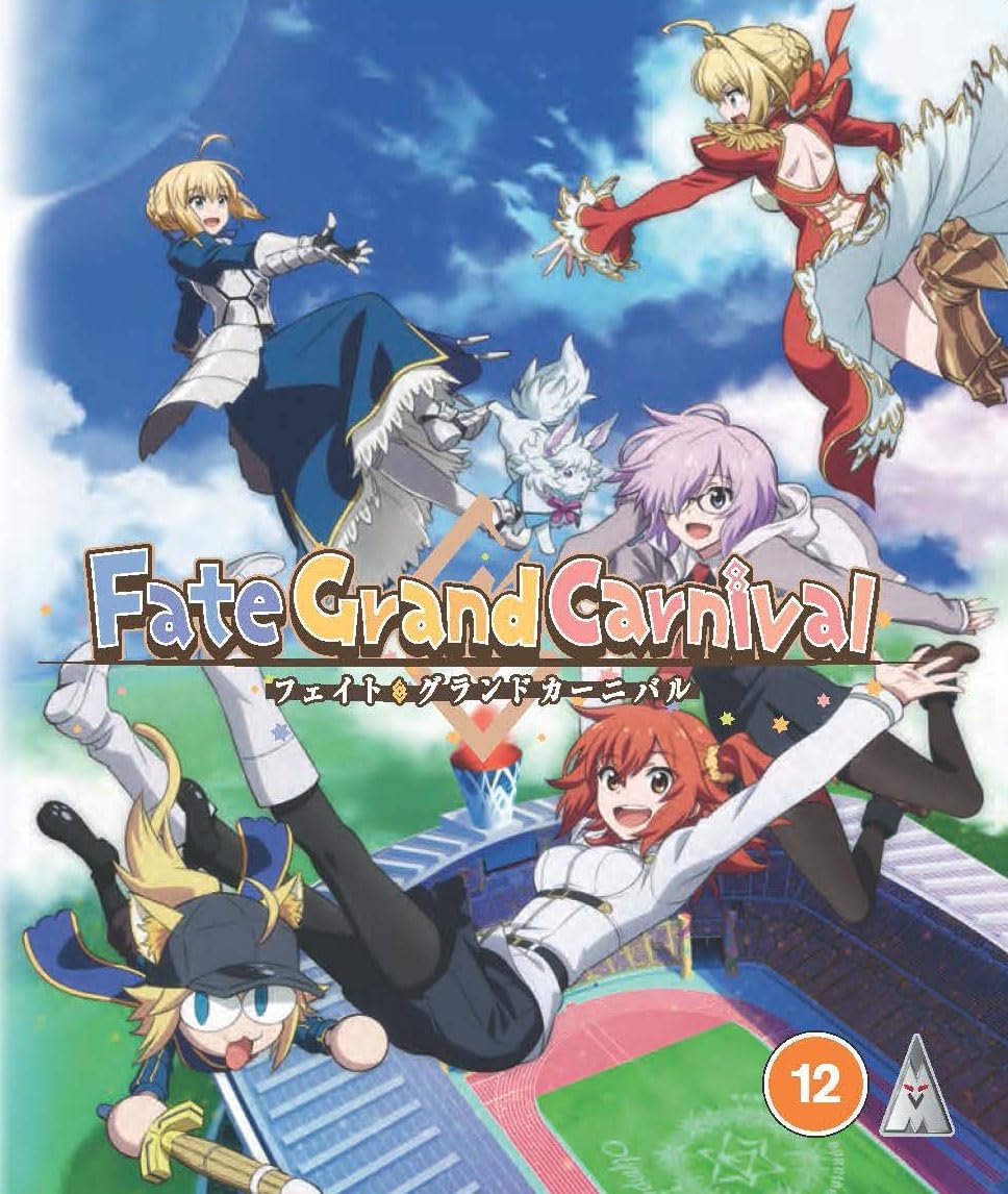 Anime characters in dynamic poses against a blue sky and stadium background.