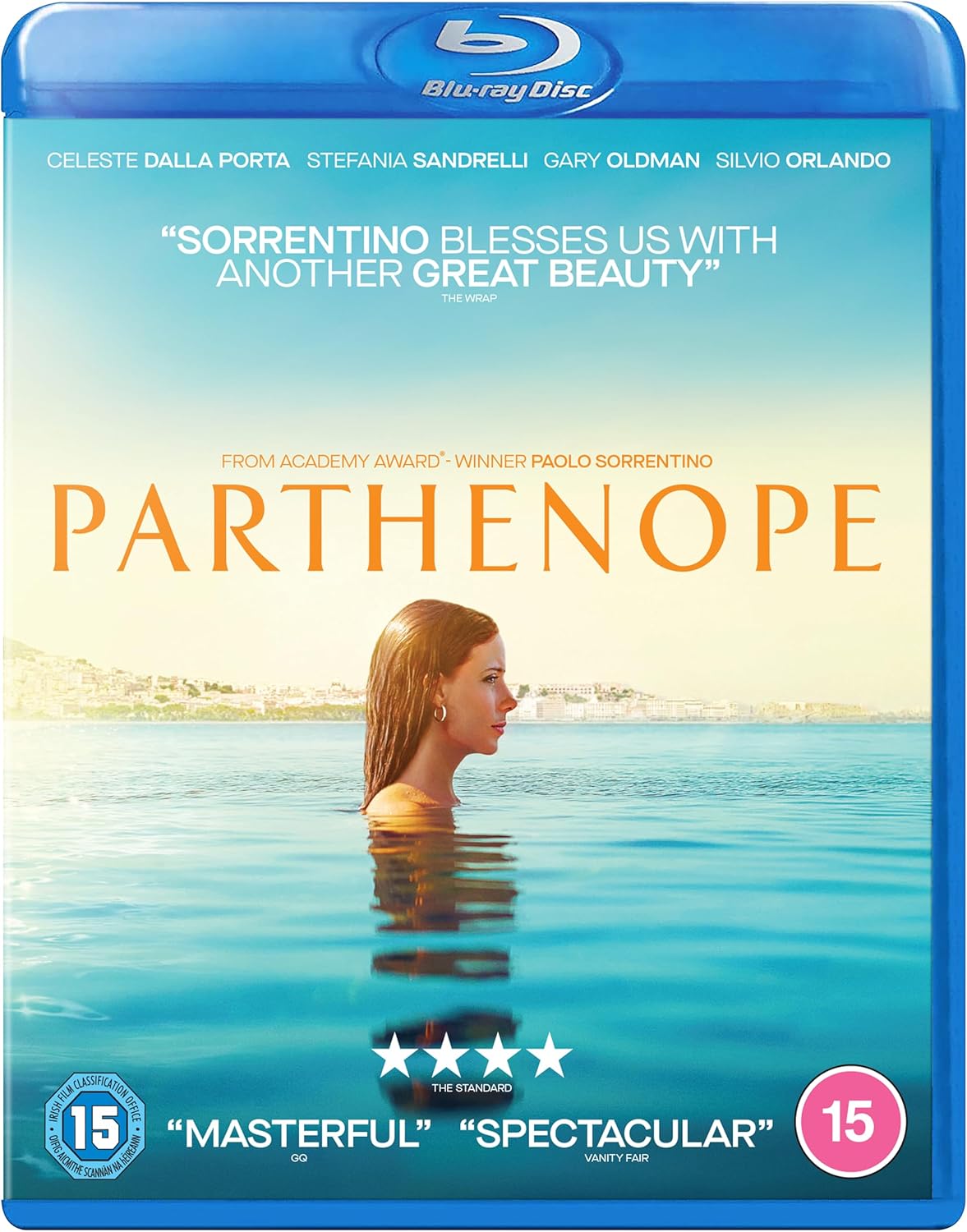 Blu-ray cover for Parthenope featuring a woman standing in the sea before a coastline.