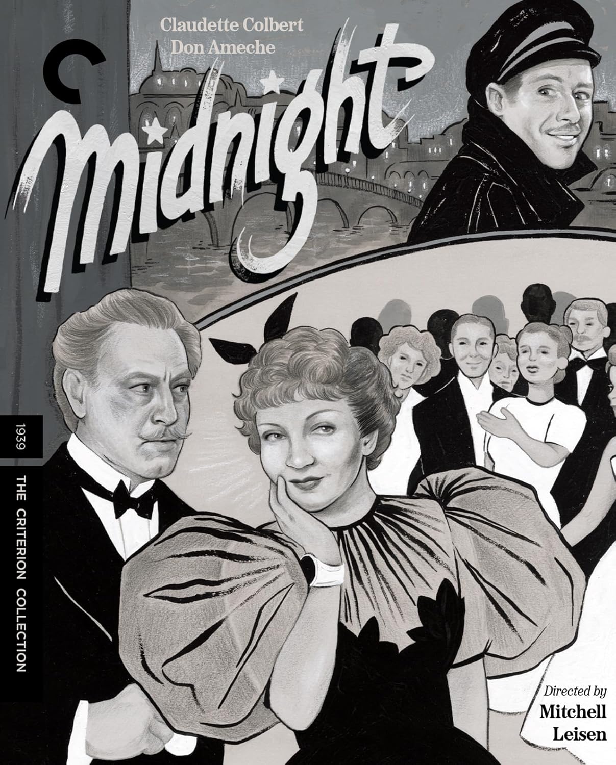 Black and white movie poster for “Midnight” with actors and crowd.