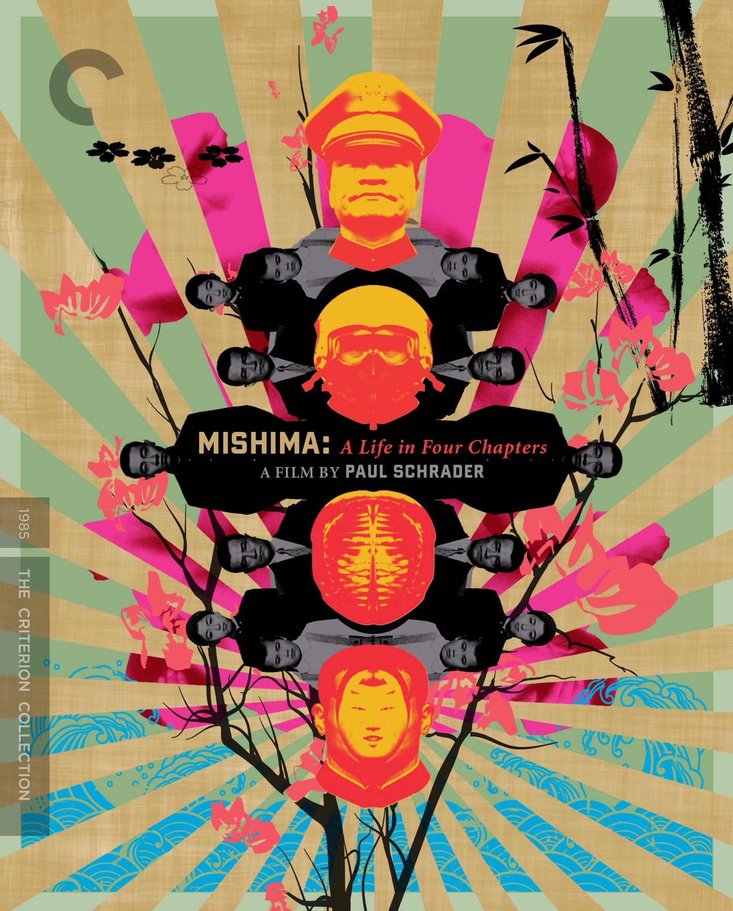 Stylized poster for Mishima: A Life in Four Chapters featuring portraits and floral motifs.