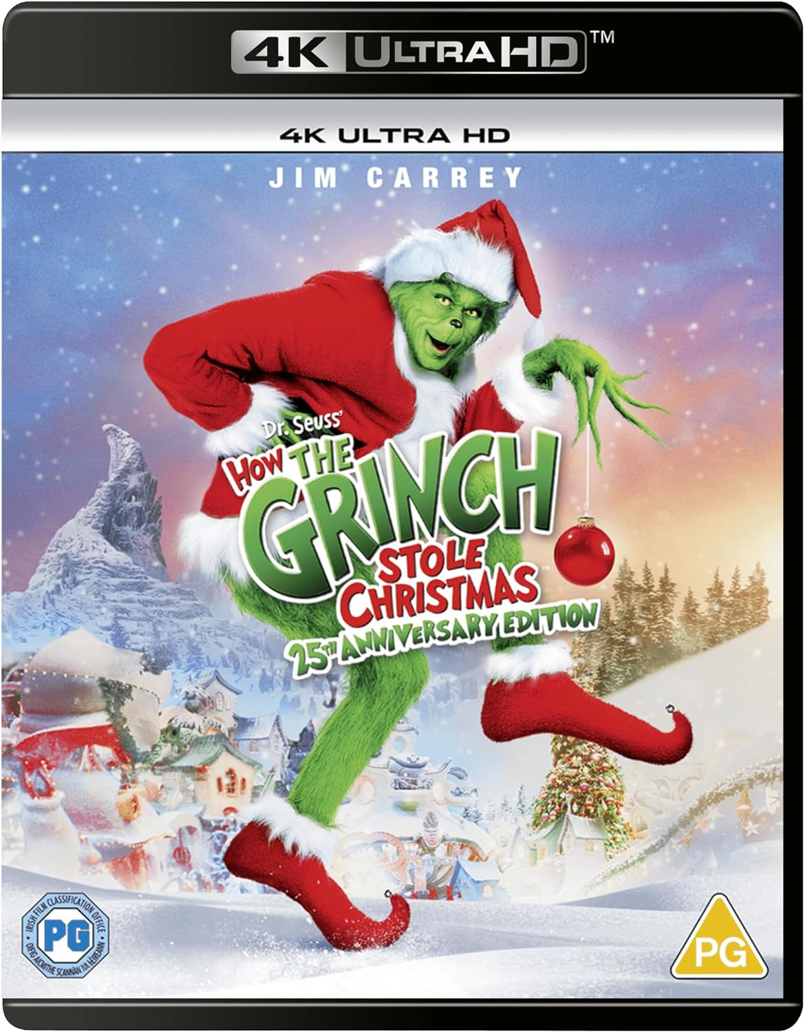 The Grinch in Santa suit, movie cover for "How the Grinch Stole Christmas".