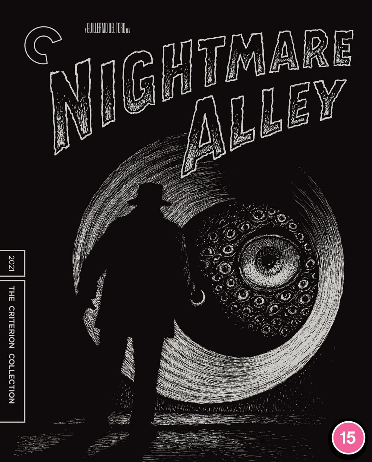 Nightmare Alley Blu-ray cover with large eye and shadowy figure.