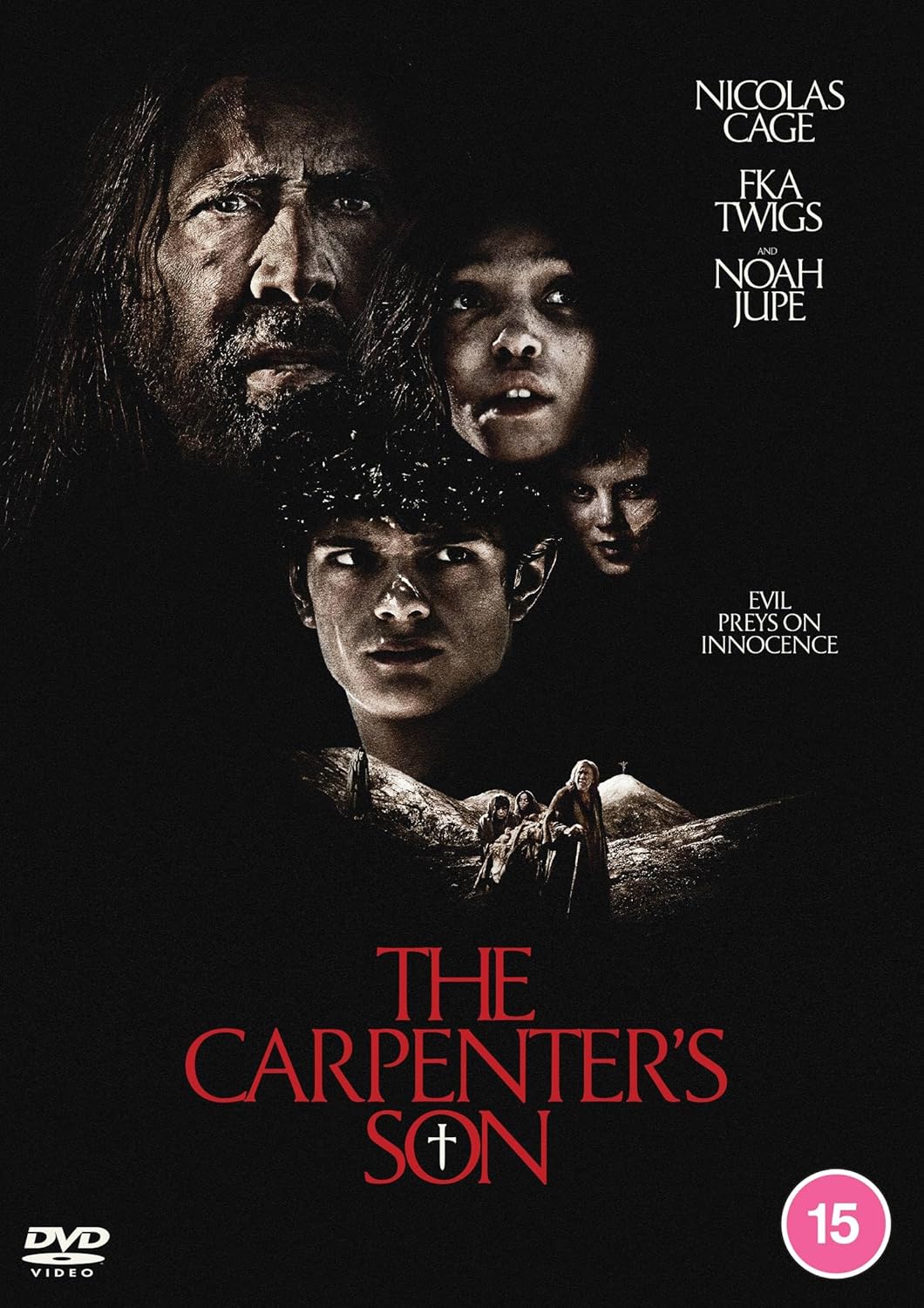 Movie poster for The Carpenter's Son featuring Nicolas Cage and cast members in shadows.