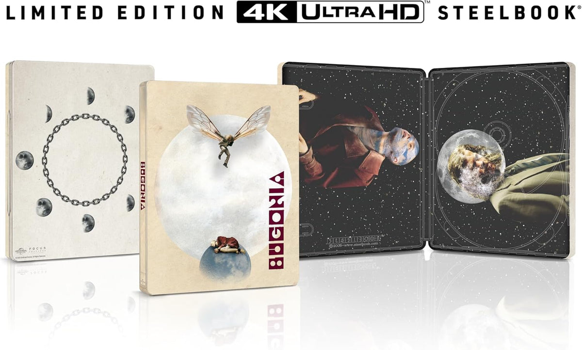 Silver steelbook case for "Bugonia" featuring insect imagery and a dome.