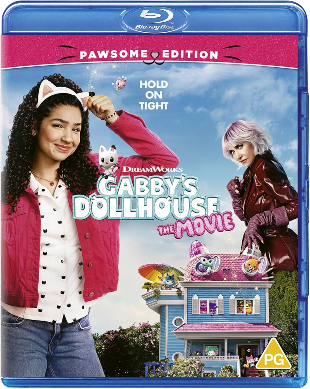 Blu-ray cover for "Gabby's Dollhouse: The Movie" featuring characters and a dollhouse.