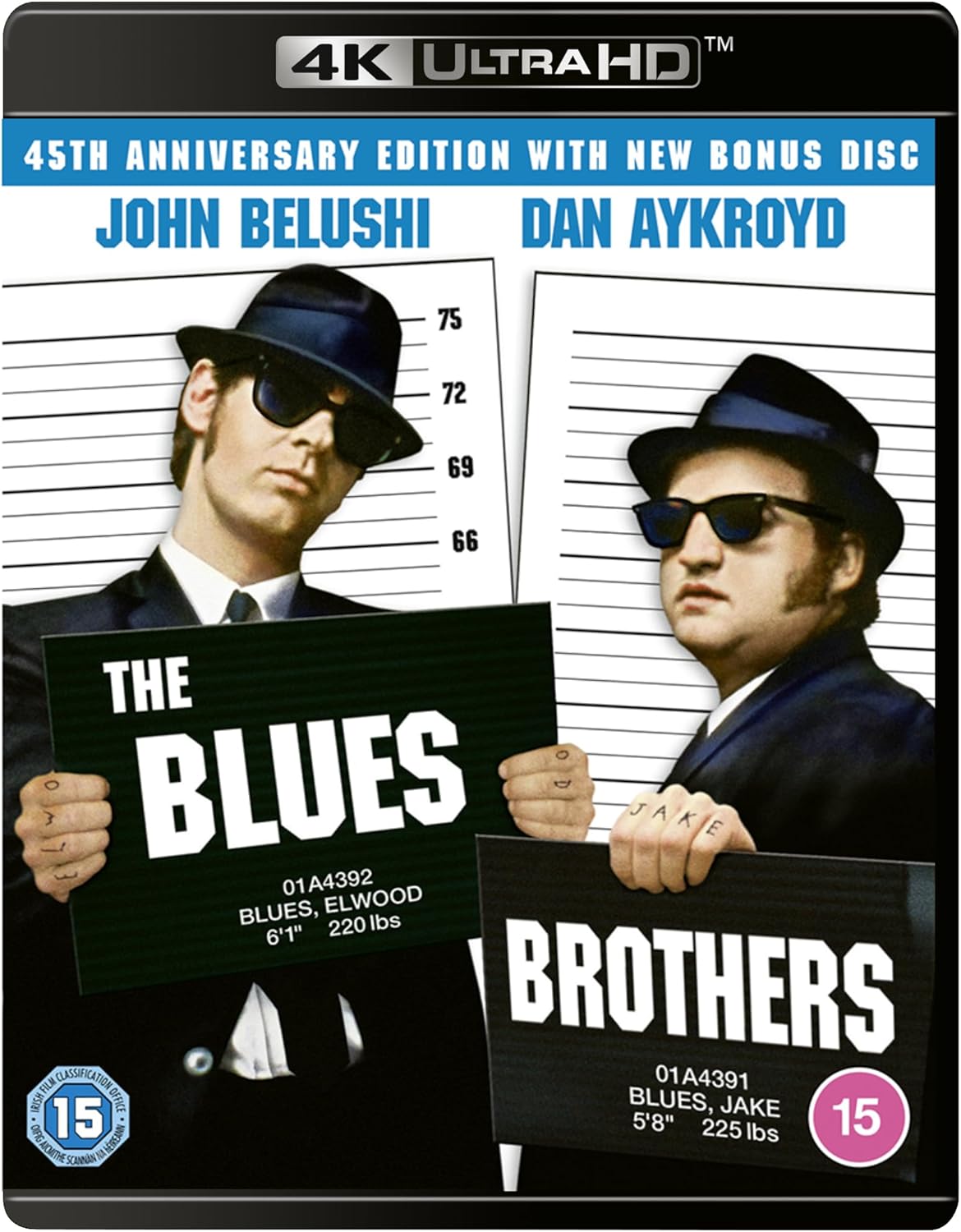 John Belushi and Dan Aykroyd in hats and sunglasses holding mugshot signs for movie.