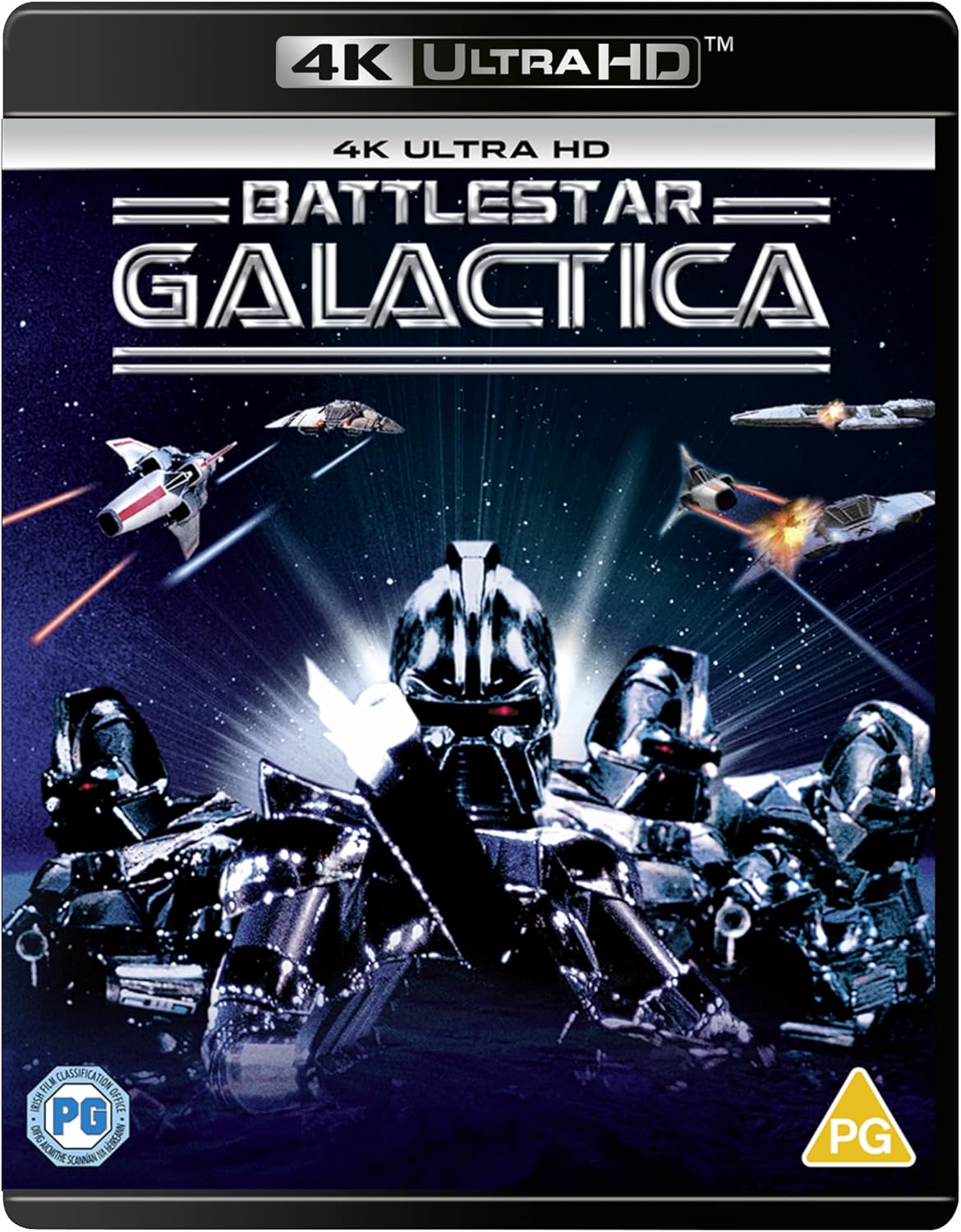 Battlestar Galactica 1980 4K UHD Blu-ray cover with spaceships and Cylons.