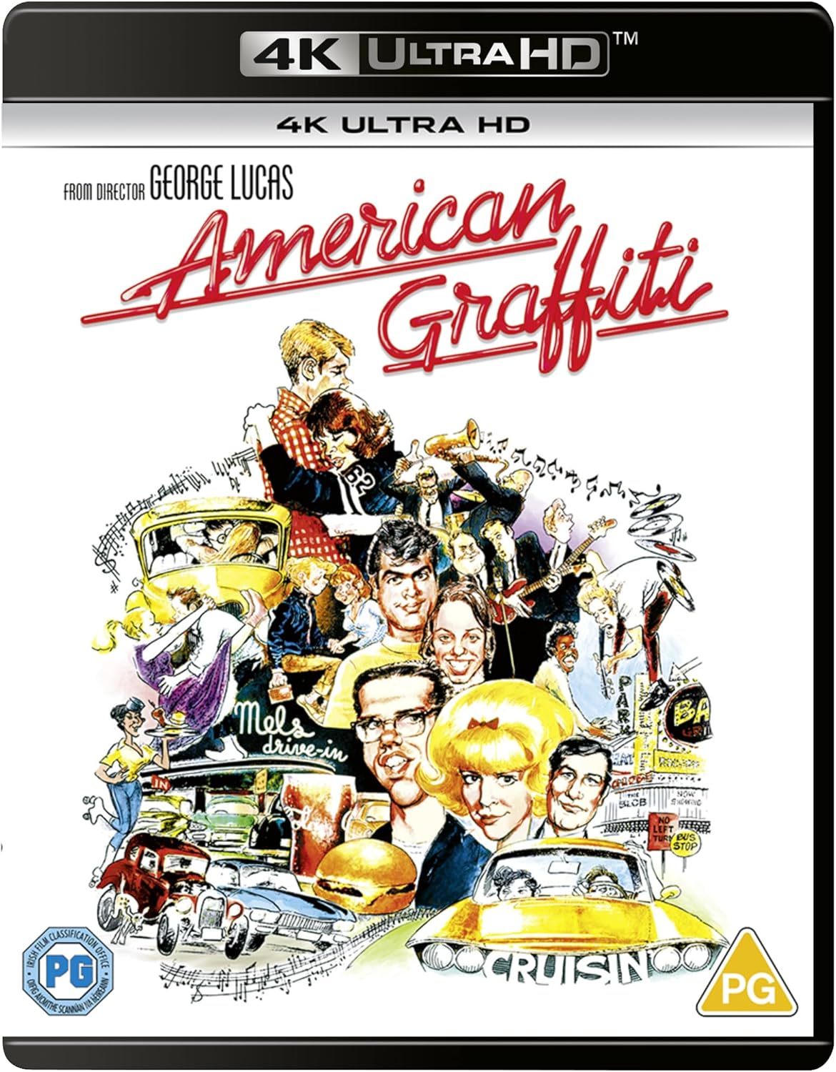 American Graffiti" 4K UHD Blu-ray cover with a collage of film characters and cars.