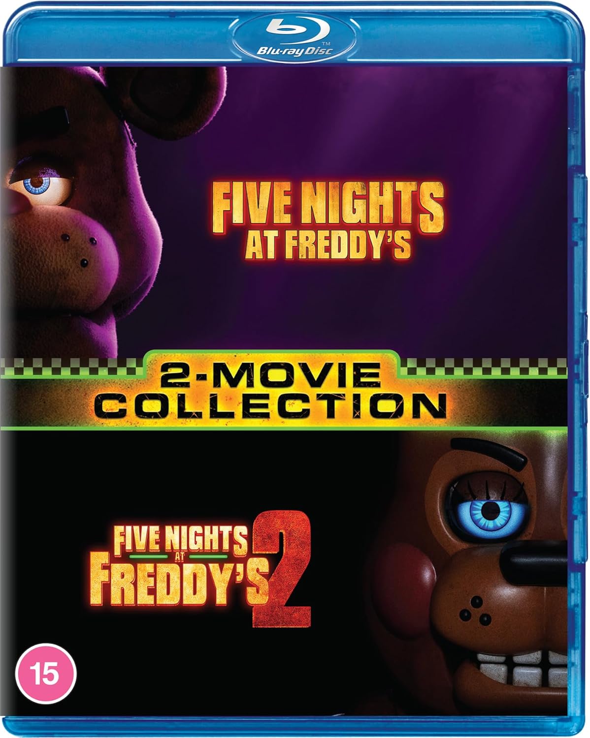 Blu-ray cover for "Five Nights at Freddy's" 1 & 2, featuring animatronics.