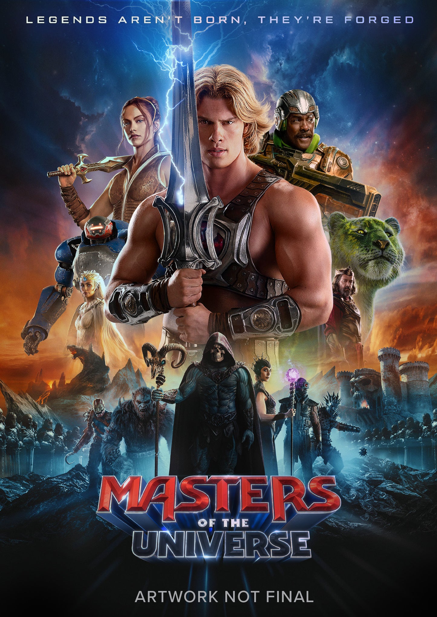 Movie poster for "Masters of the Universe" featuring He-Man and other characters.