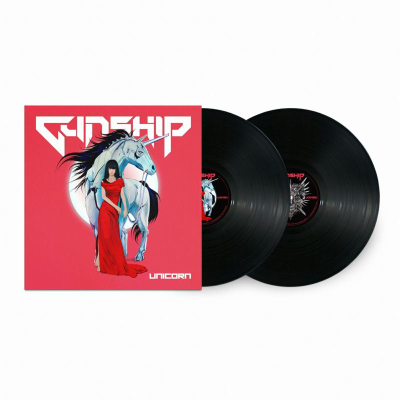 Gunship Unicorn vinyl record: pink cover with woman and unicorn, two black discs.