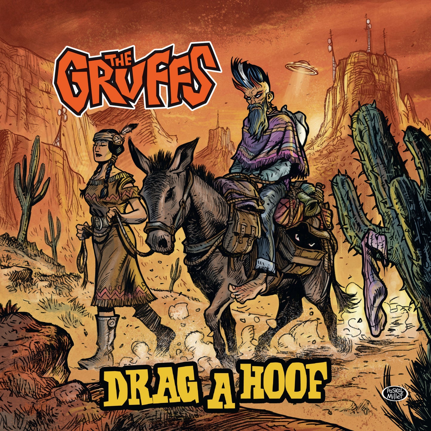 Cartoon album cover featuring two figures and a donkey in a desert landscape.