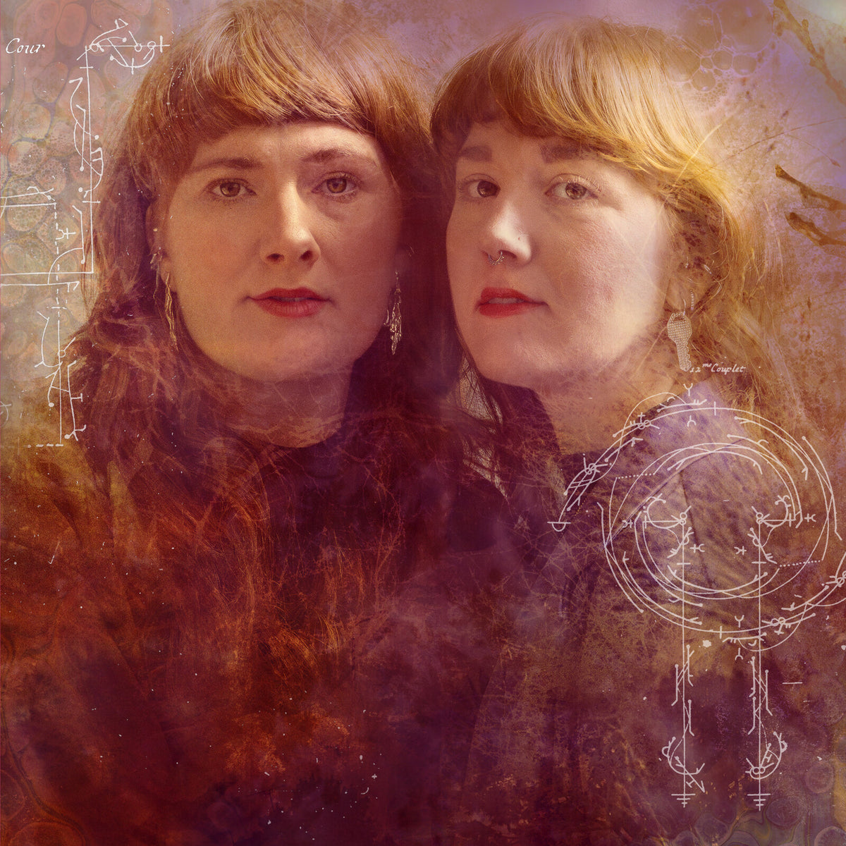 Two women with long hair, overlaid with abstract diagrams, on a textured background.