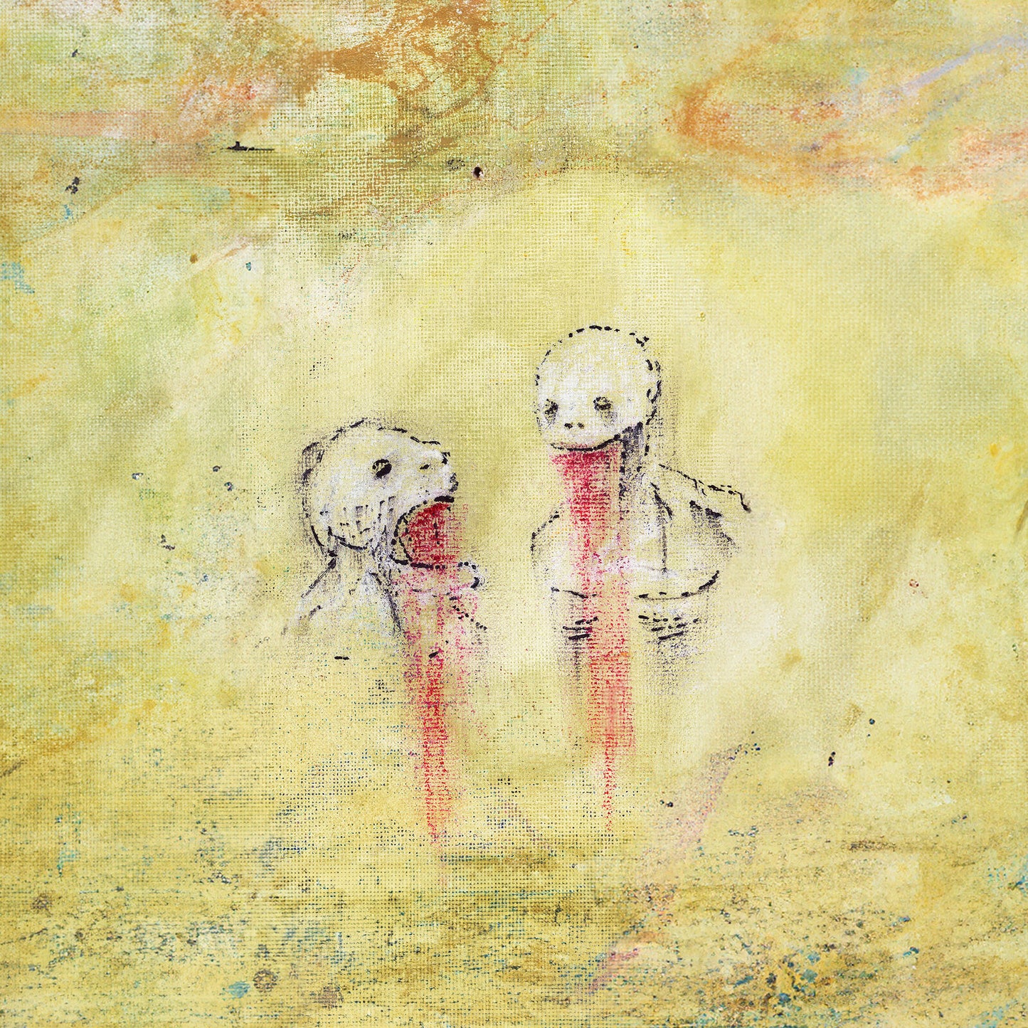 Two pale, sketch-like figures with red streaks on a textured, yellow-toned canvas background.