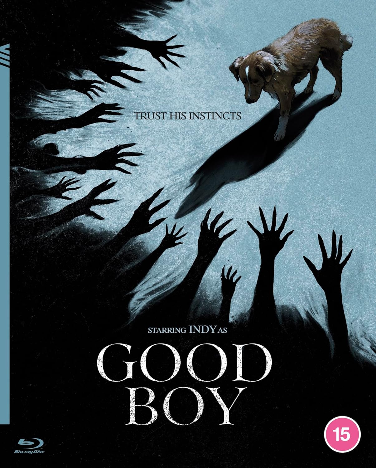 Blu-ray cover for "Good Boy" featuring a dog and shadowy reaching hands.