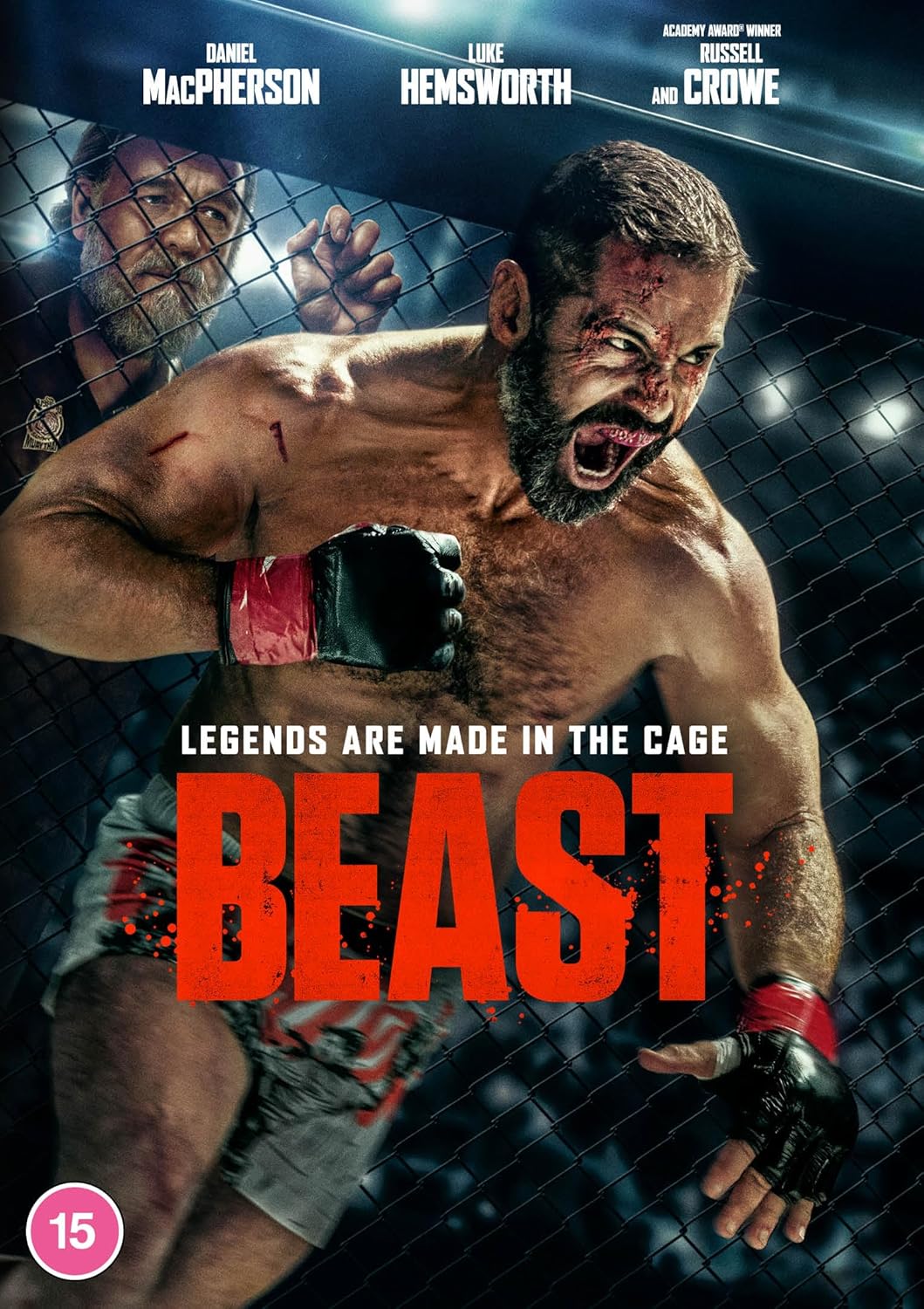 Beast" DVD cover: a bruised fighter with a cage and text overlay.