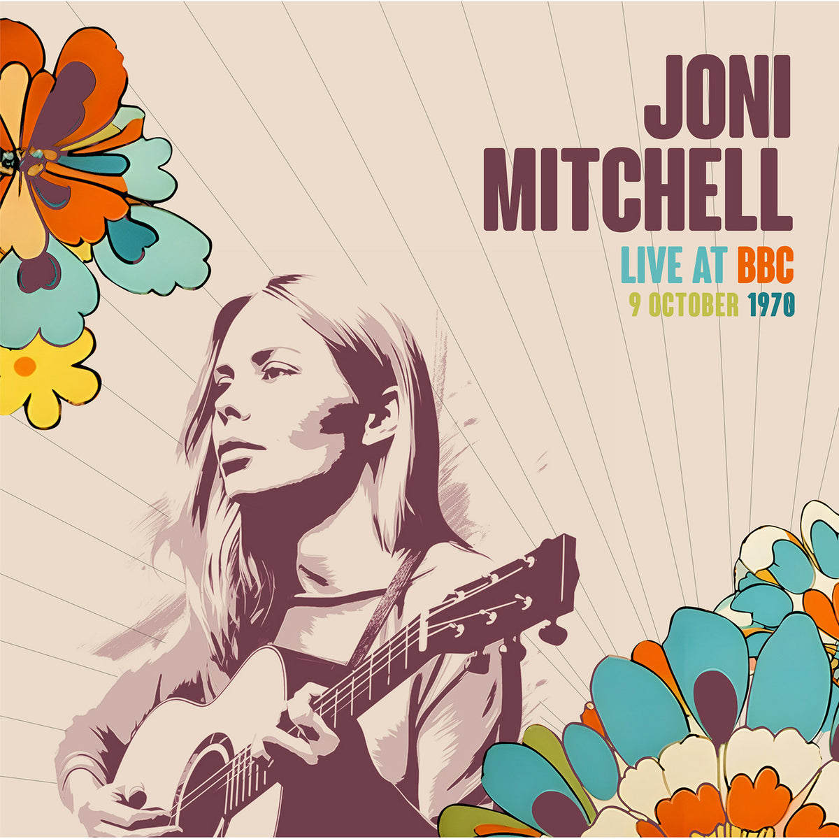 Joni Mitchell album cover with floral graphics and radiating lines.
