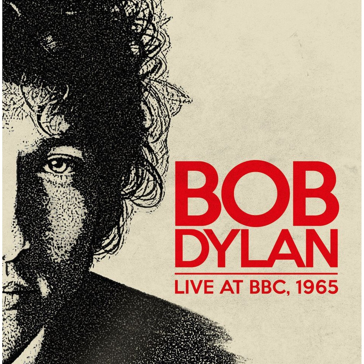 Bob Dylan album cover, halftone portrait with red text "Bob Dylan".