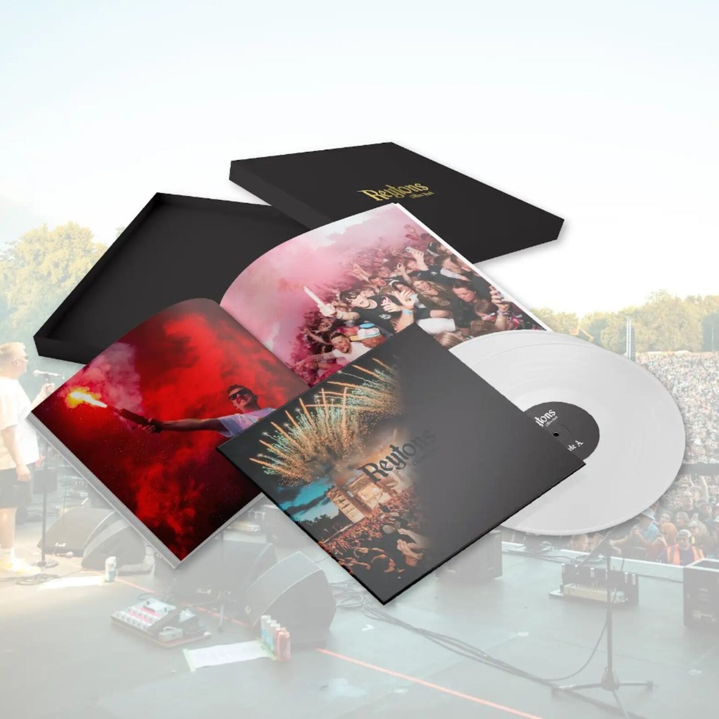 The Reytons vinyl album in a black box, with concert imagery.